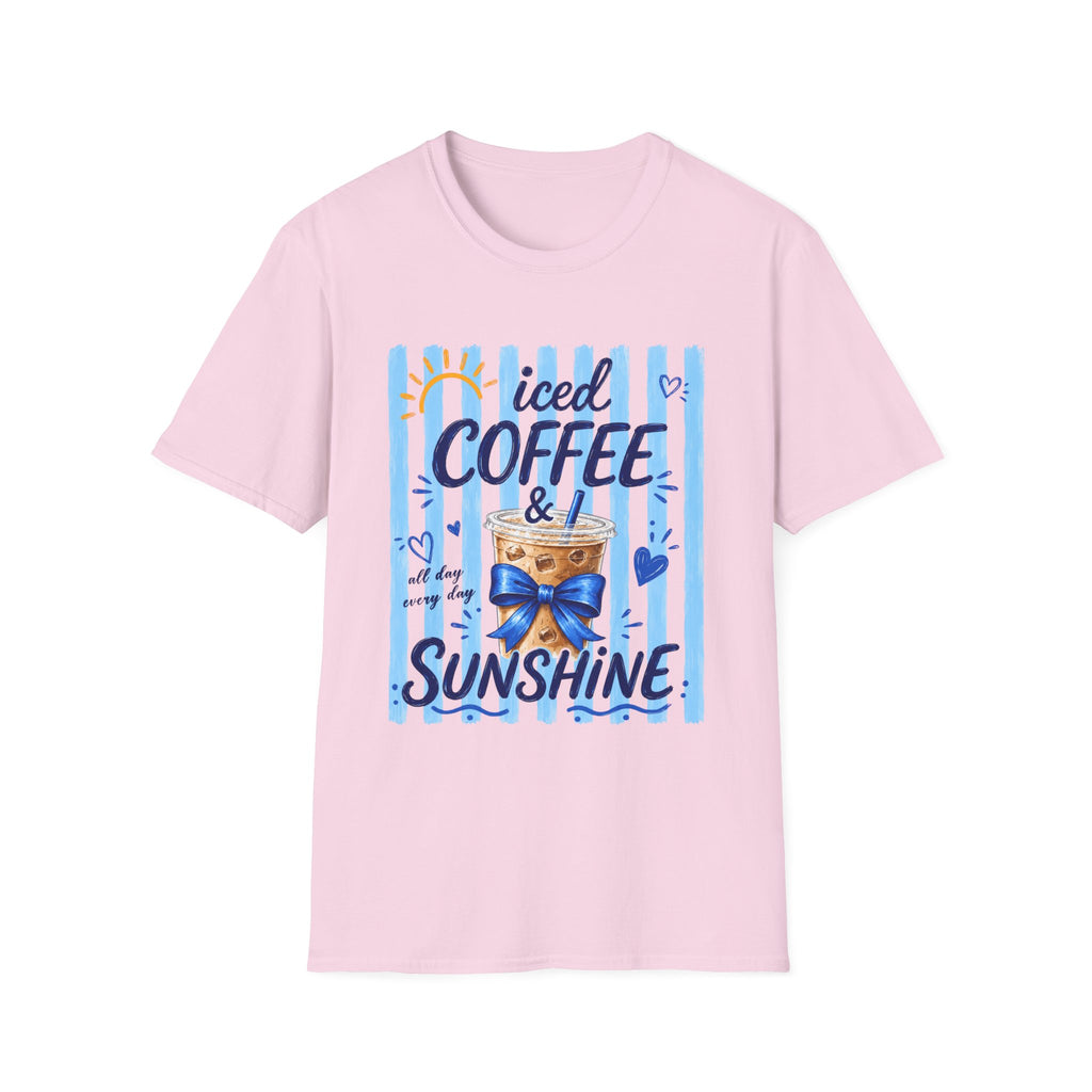 Iced Coffee & Sunshine T-Shirt — Cute Blue Striped Summer Tee