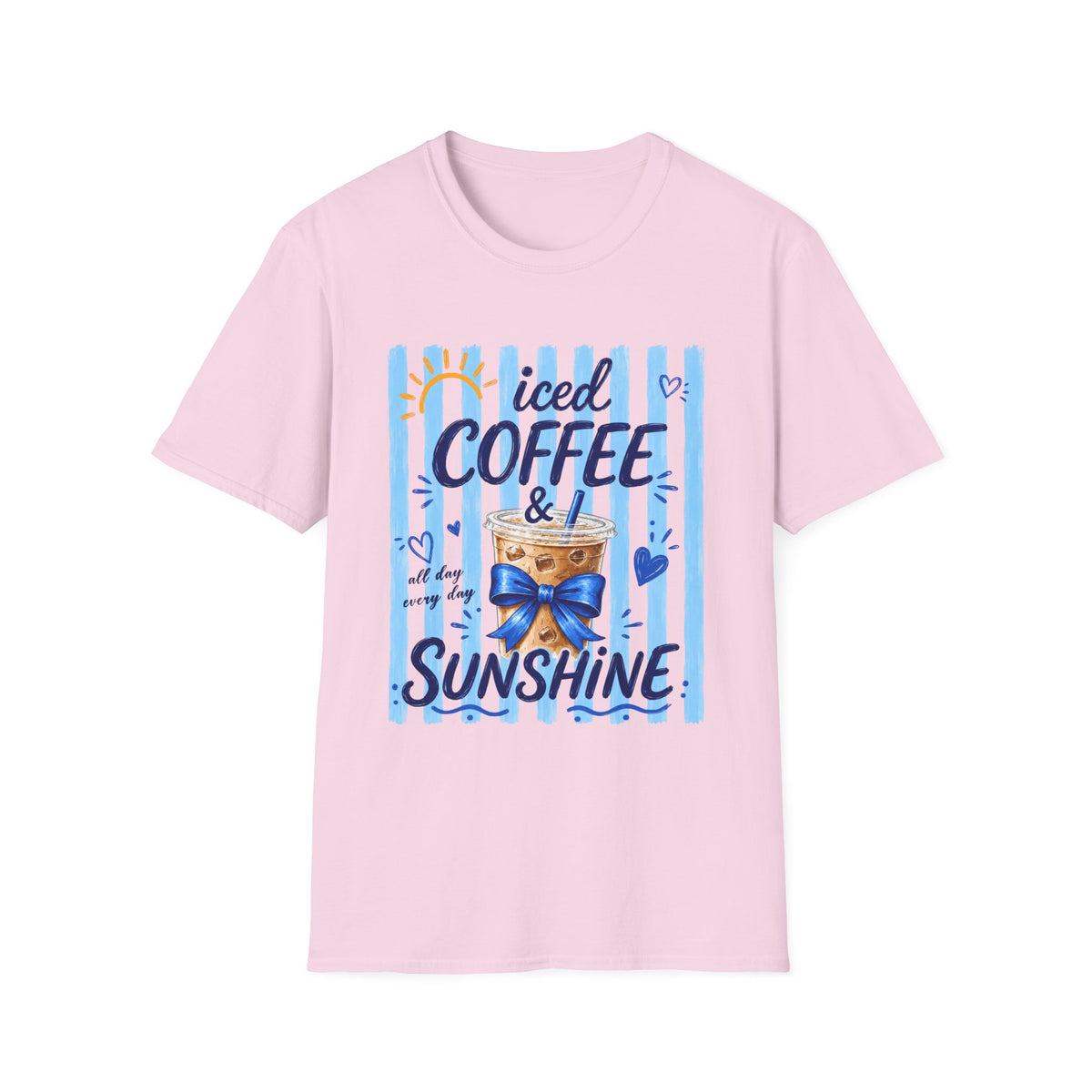 Iced Coffee & Sunshine T-Shirt — Cute Blue Striped Summer Tee