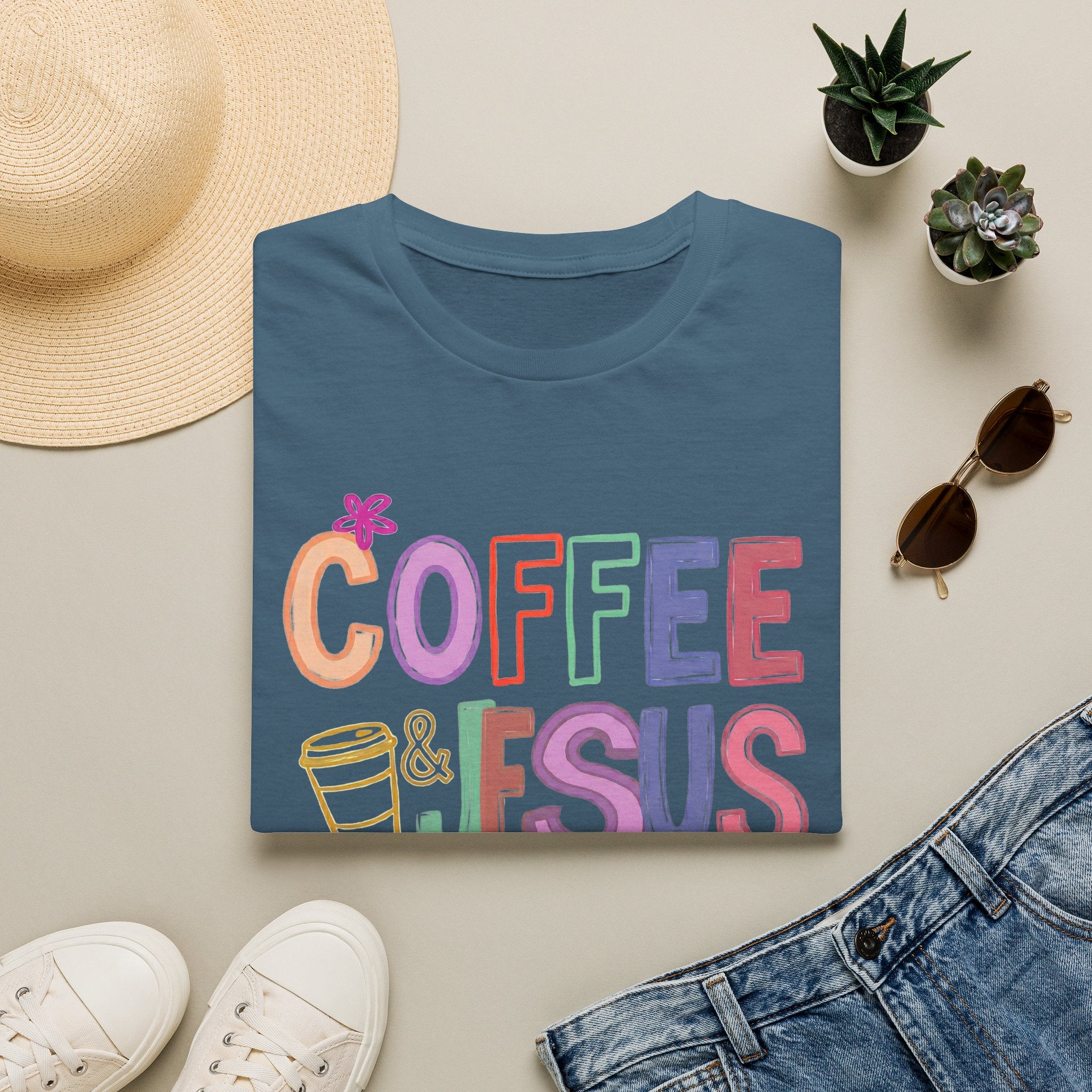 Coffee & Jesus T‑Shirt — Colorful Faith Graphic Tee for Women