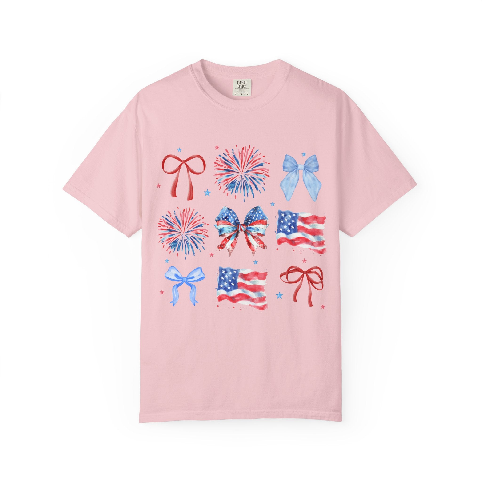 Patriotic Bows & Fireworks T-Shirt — American Flag Fourth of July Tee