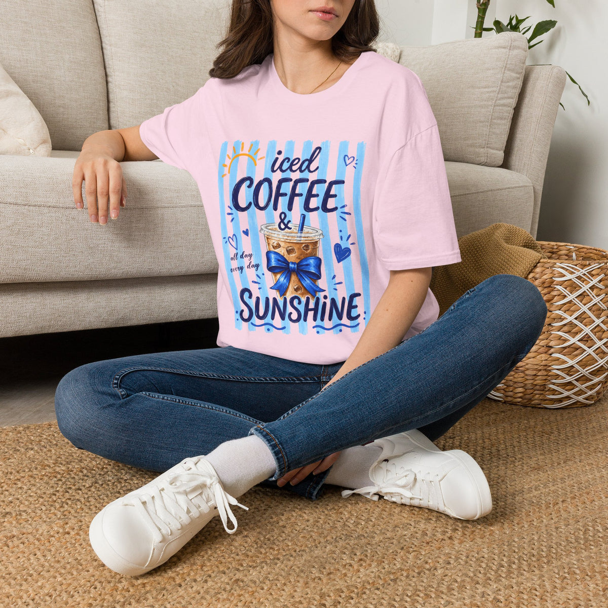 Iced Coffee & Sunshine T-Shirt — Cute Blue Striped Summer Tee