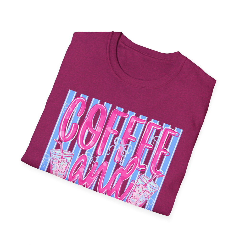 Coffee and Jesus T‑Shirt — Retro Pink & Blue Faith Graphic Tee