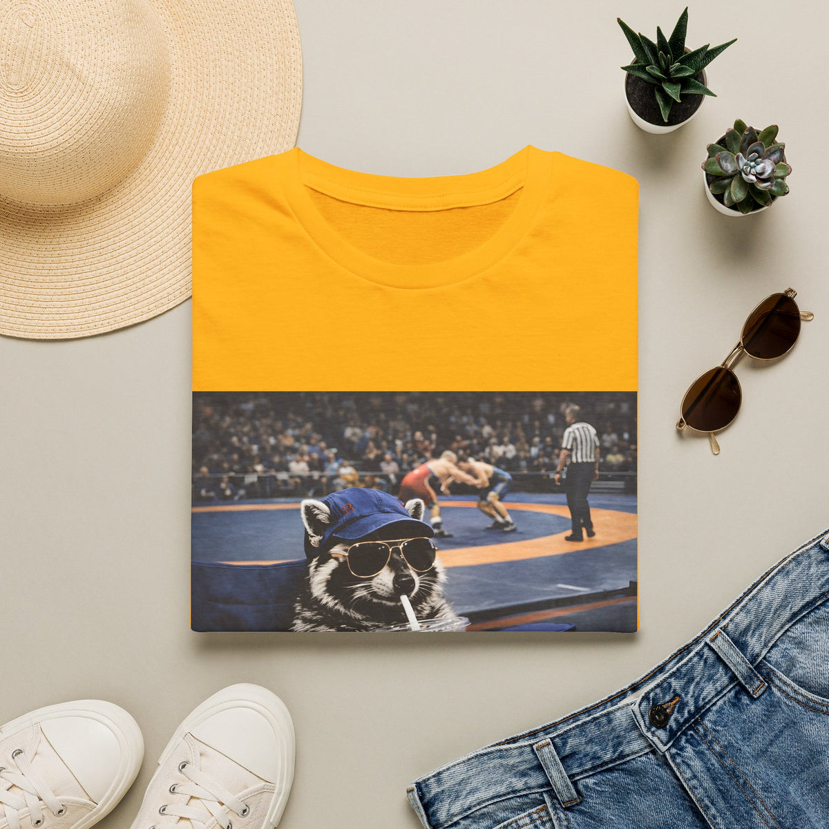 Wrestling Raccoon T‑Shirt — 'I Live Here Now' Funny Sports Tee