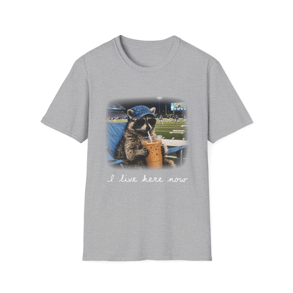 Raccoon Football Stadium Tee – "I Live Here Now" Graphic T-Shirt