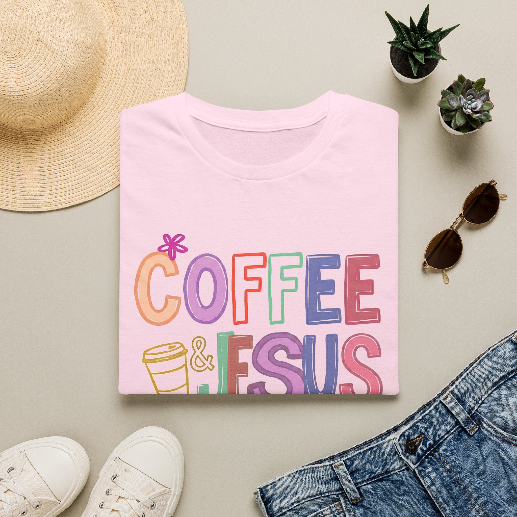 Coffee & Jesus T‑Shirt — Colorful Faith Graphic Tee for Women