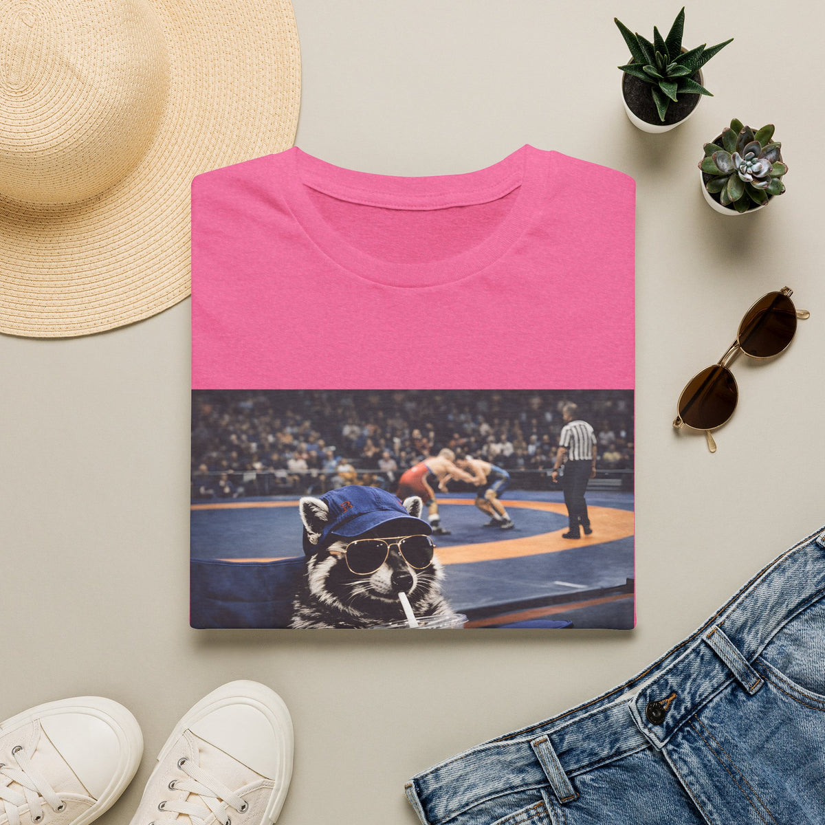 Wrestling Raccoon T‑Shirt — 'I Live Here Now' Funny Sports Tee
