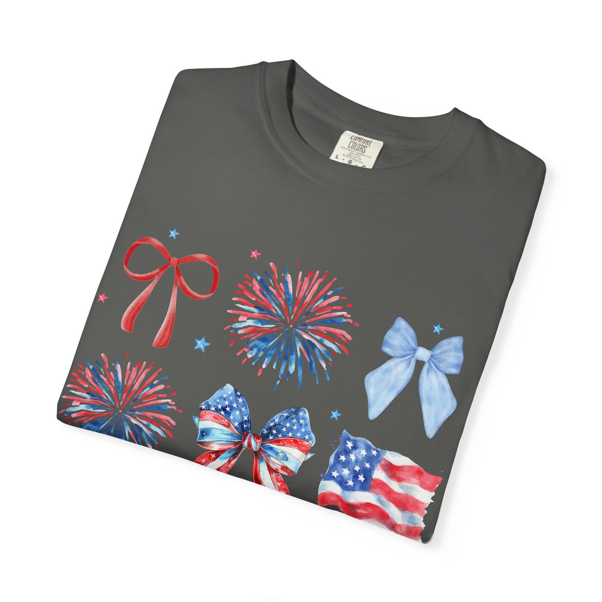 Patriotic Bows & Fireworks T-Shirt — American Flag Fourth of July Tee