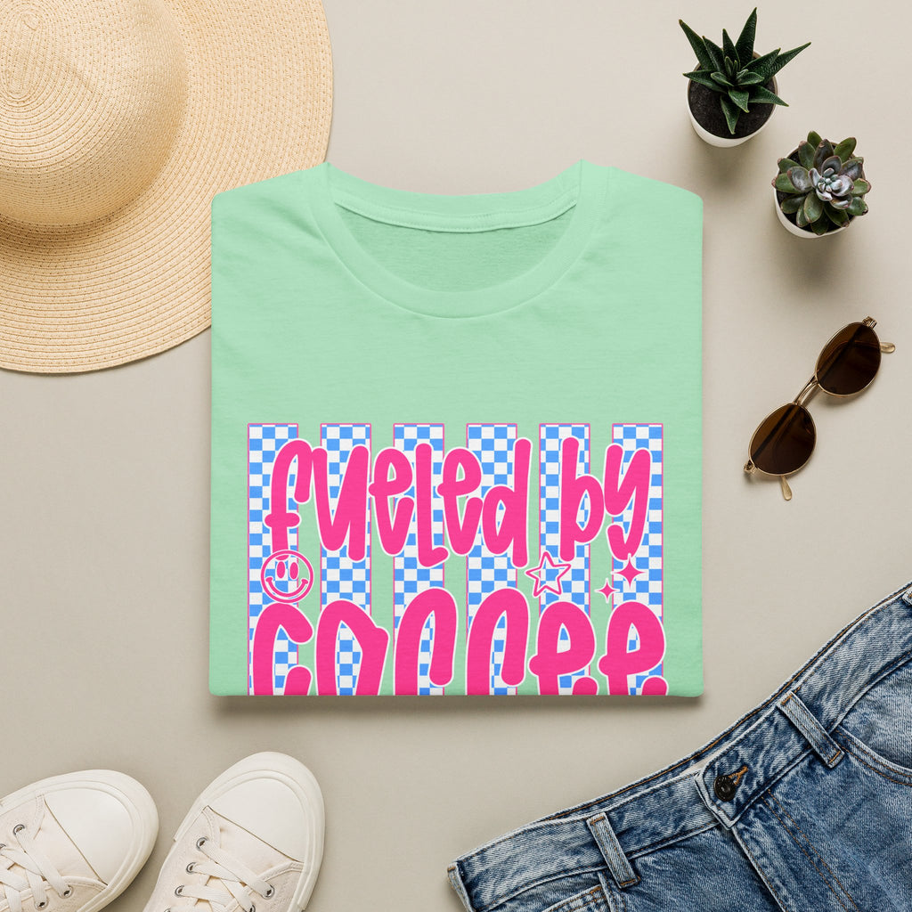 Fueled By Coffee And Anxiety T-Shirt — Retro Pink & Blue Checker Graphic