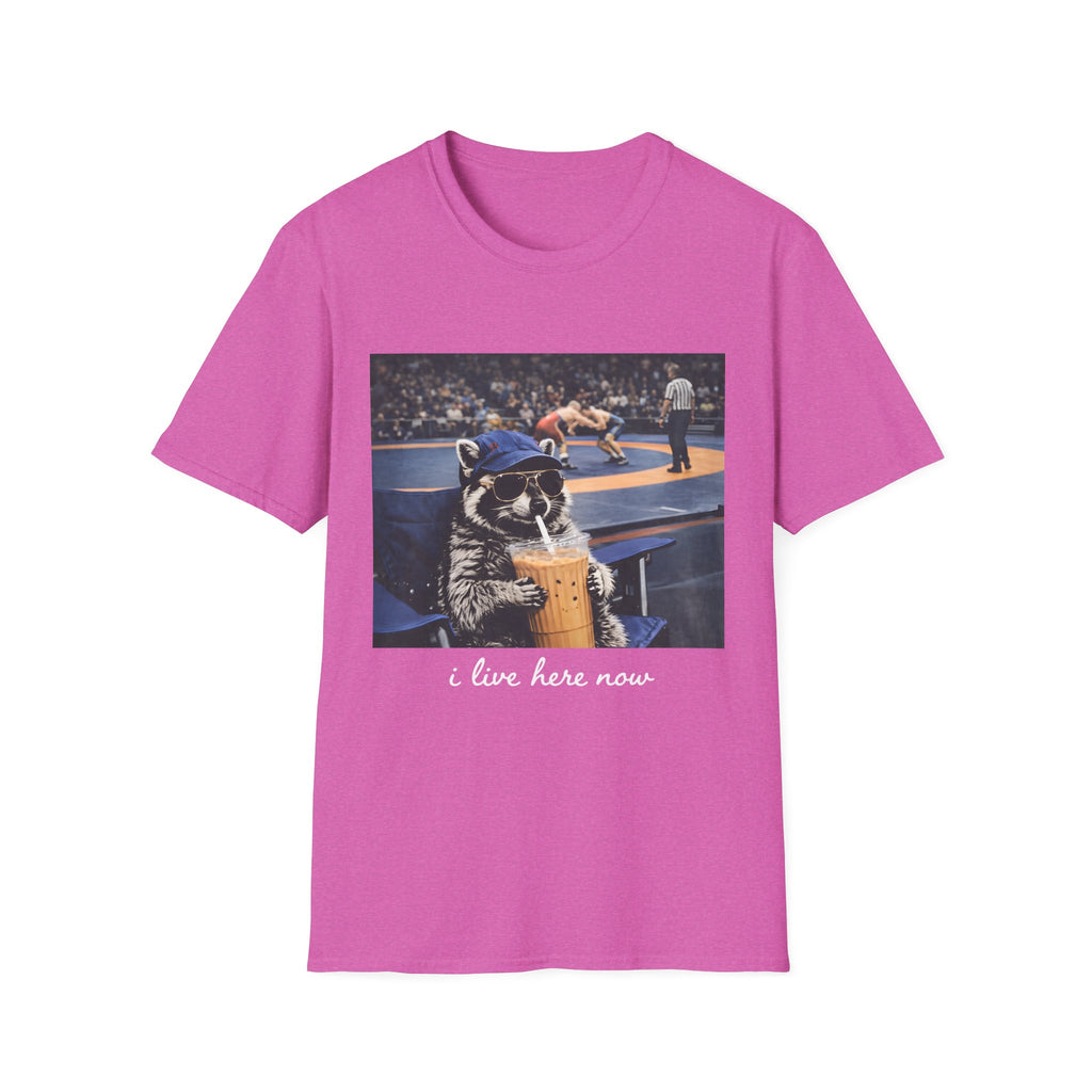 Wrestling Raccoon T‑Shirt — 'I Live Here Now' Funny Sports Tee