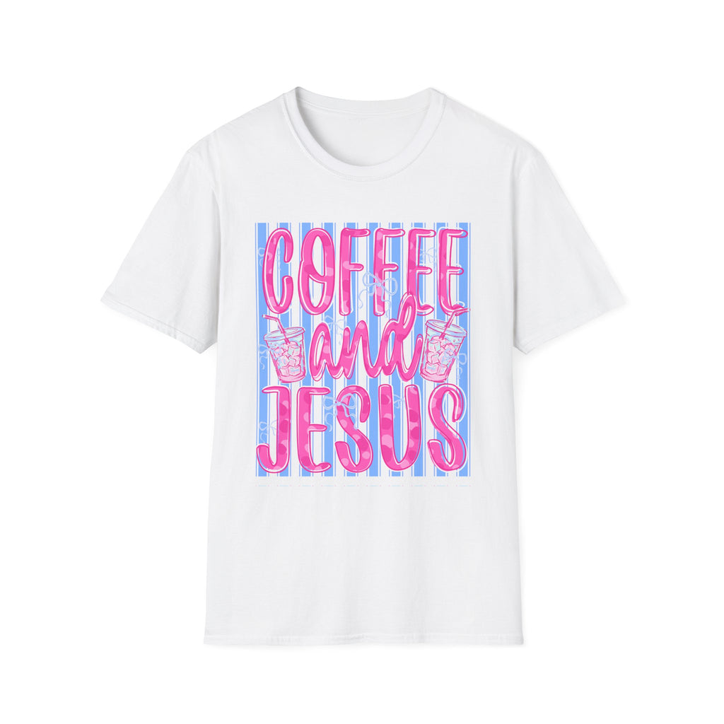 Coffee and Jesus T‑Shirt — Retro Pink & Blue Faith Graphic Tee