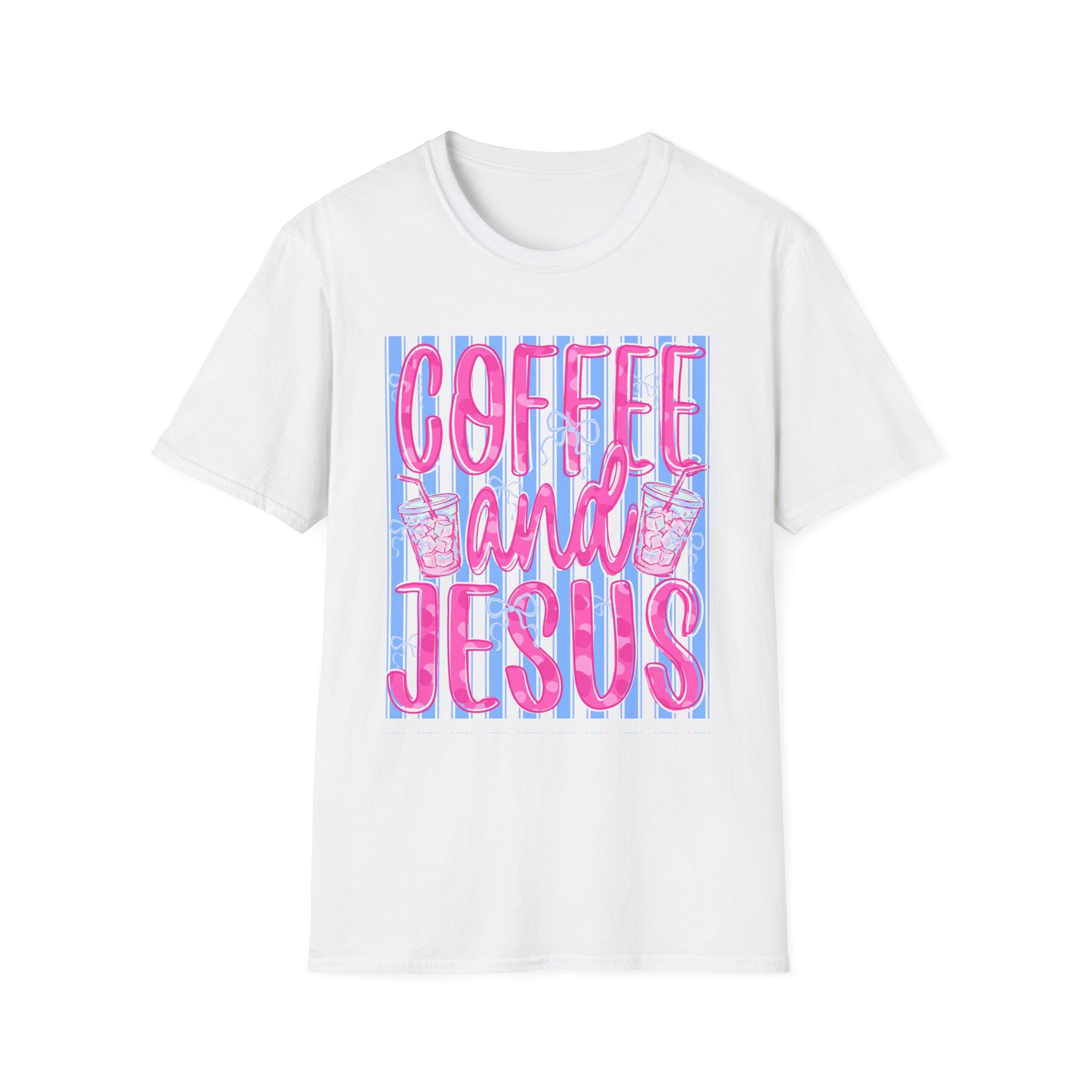 Coffee and Jesus T‑Shirt — Retro Pink & Blue Faith Graphic Tee