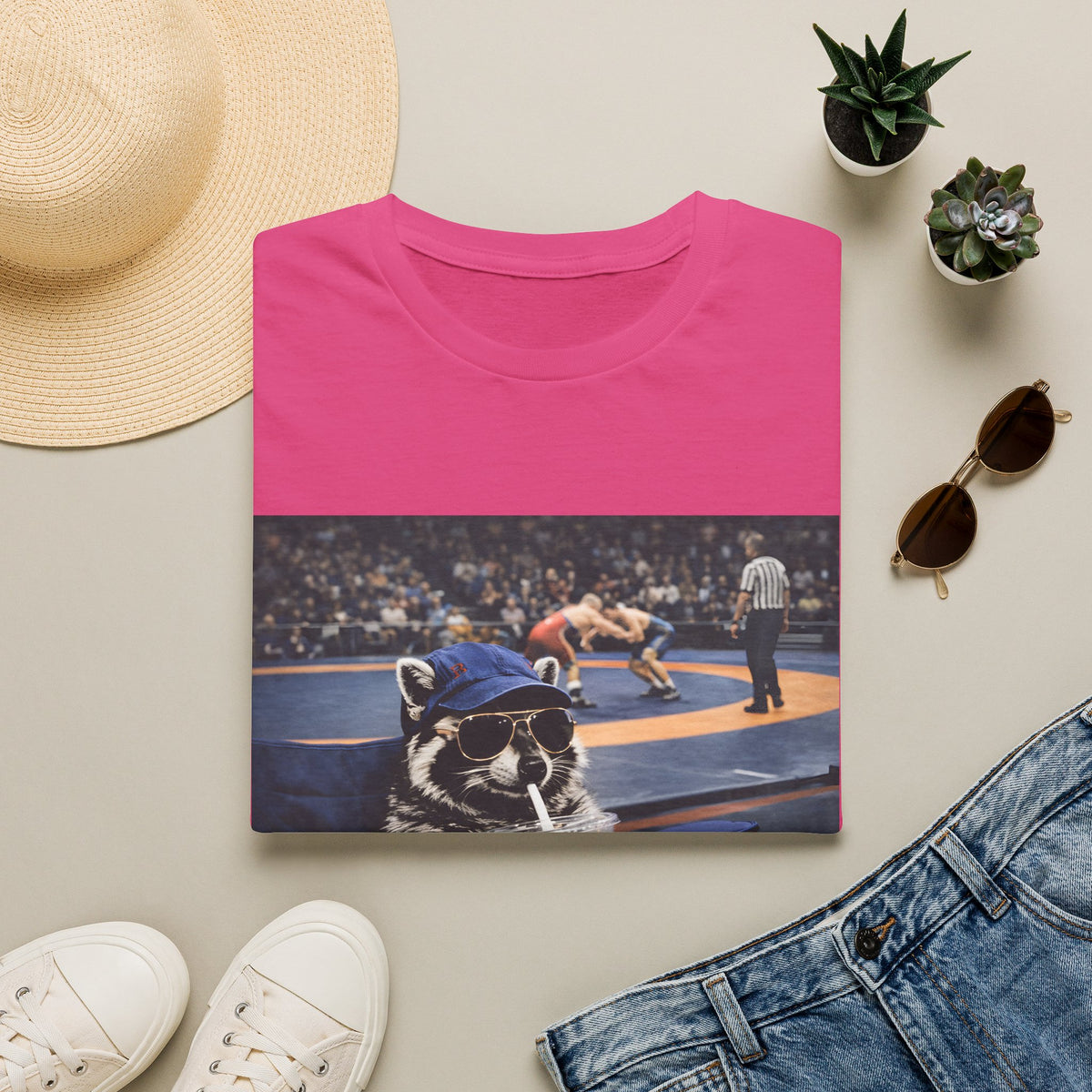Wrestling Raccoon T‑Shirt — 'I Live Here Now' Funny Sports Tee