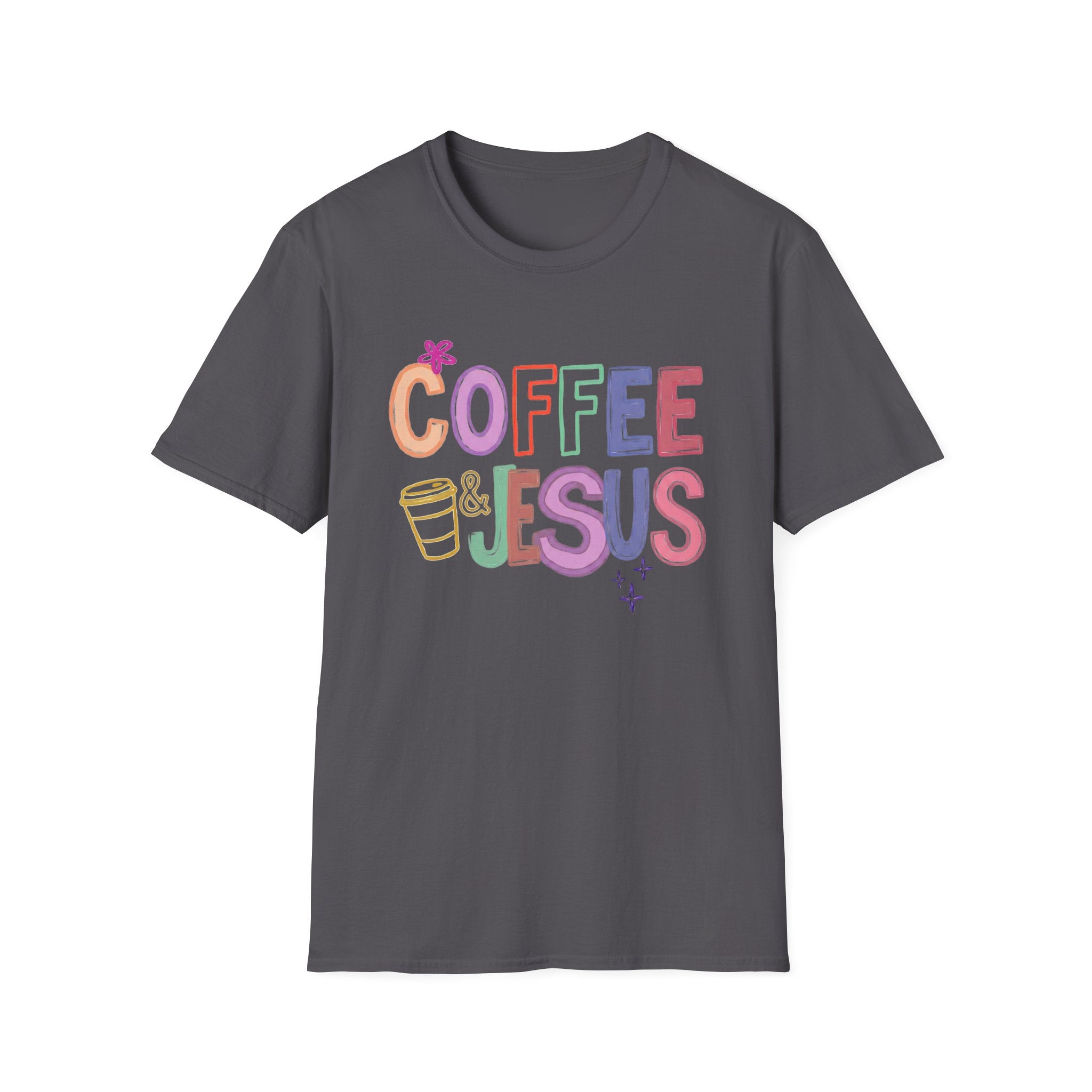 Coffee & Jesus T‑Shirt — Colorful Faith Graphic Tee for Women