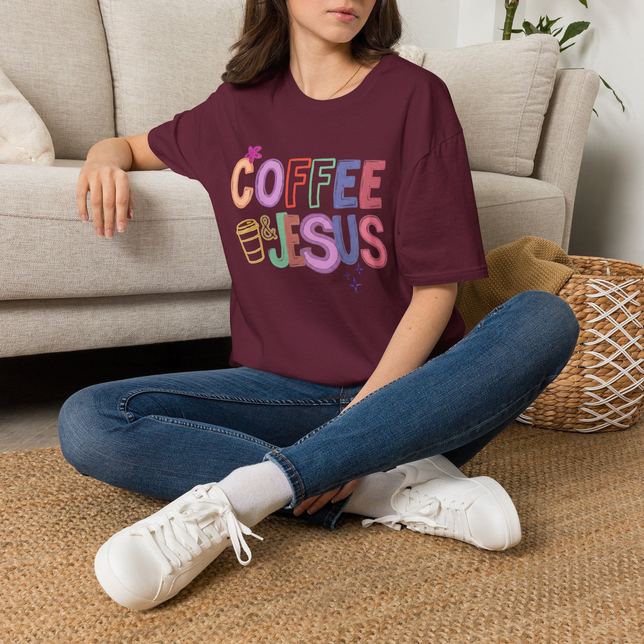 Coffee & Jesus T‑Shirt — Colorful Faith Graphic Tee for Women