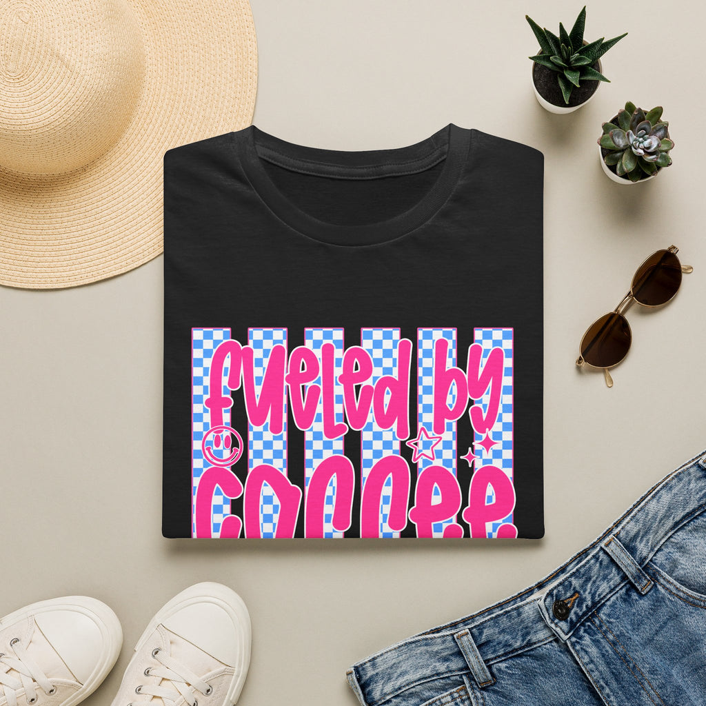Fueled By Coffee And Anxiety T-Shirt — Retro Pink & Blue Checker Graphic
