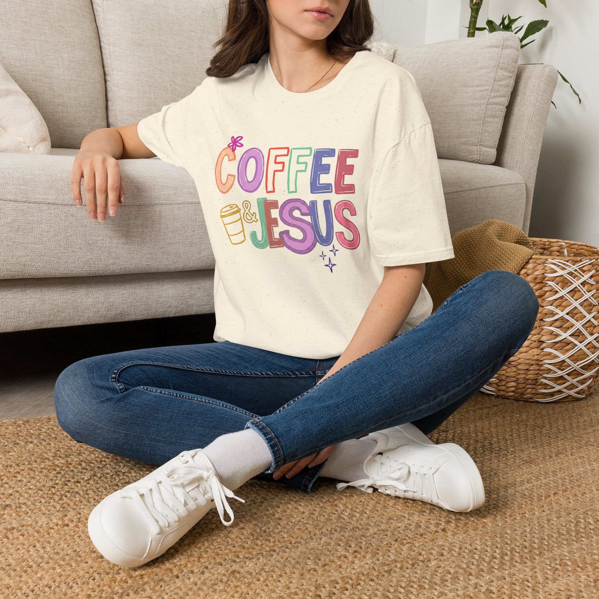Coffee & Jesus T‑Shirt — Colorful Faith Graphic Tee for Women
