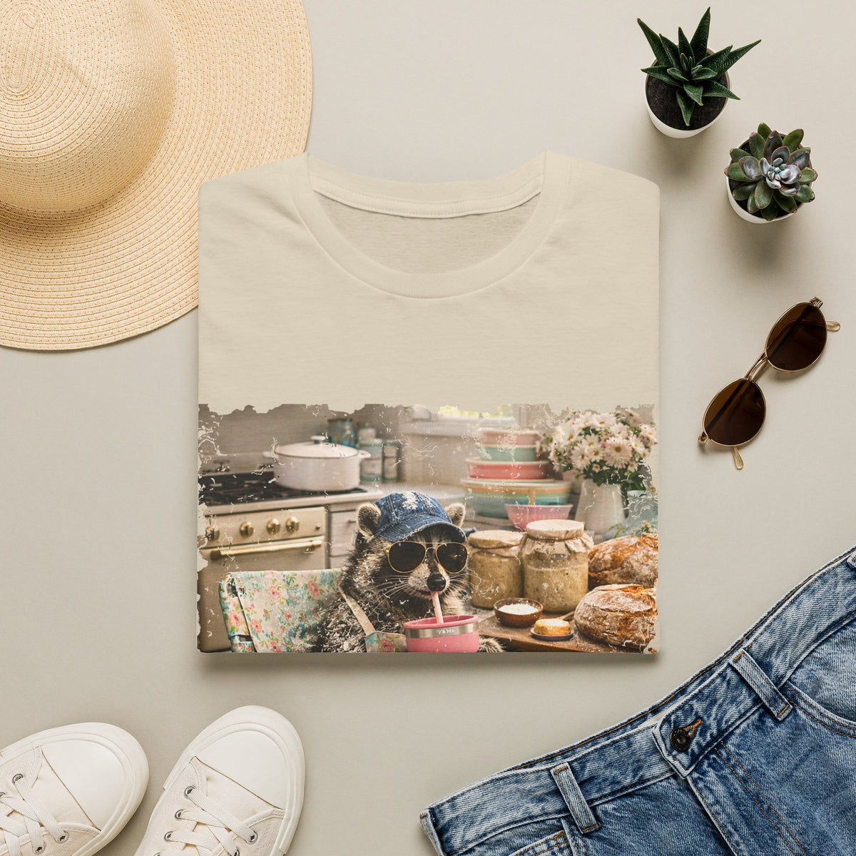 Raccoon Sourdough Vintage Graphic T-Shirt — Cozy Cottagecore Animal Print