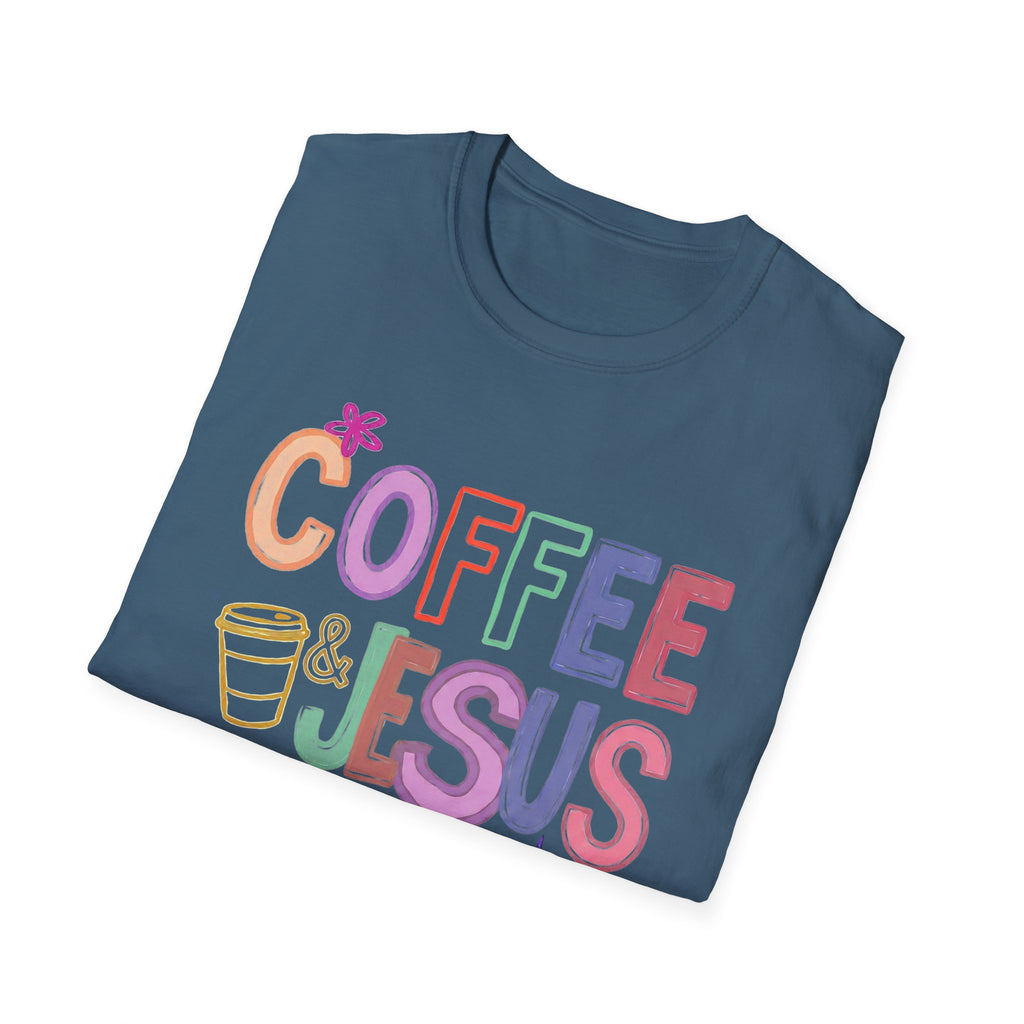Coffee & Jesus T‑Shirt — Colorful Faith Graphic Tee for Women