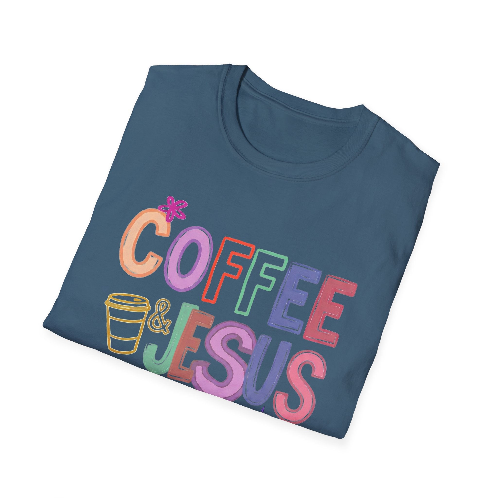 Coffee & Jesus T‑Shirt — Colorful Faith Graphic Tee for Women