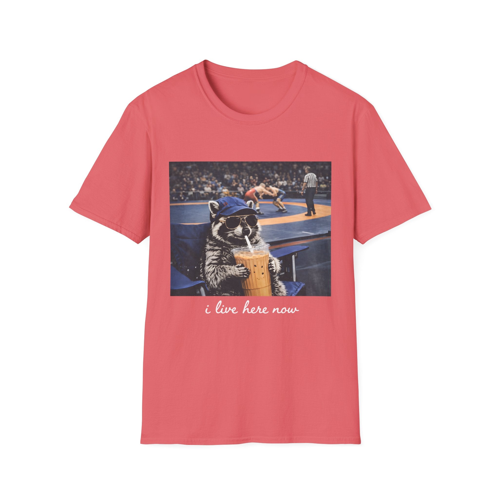 Wrestling Raccoon T‑Shirt — 'I Live Here Now' Funny Sports Tee