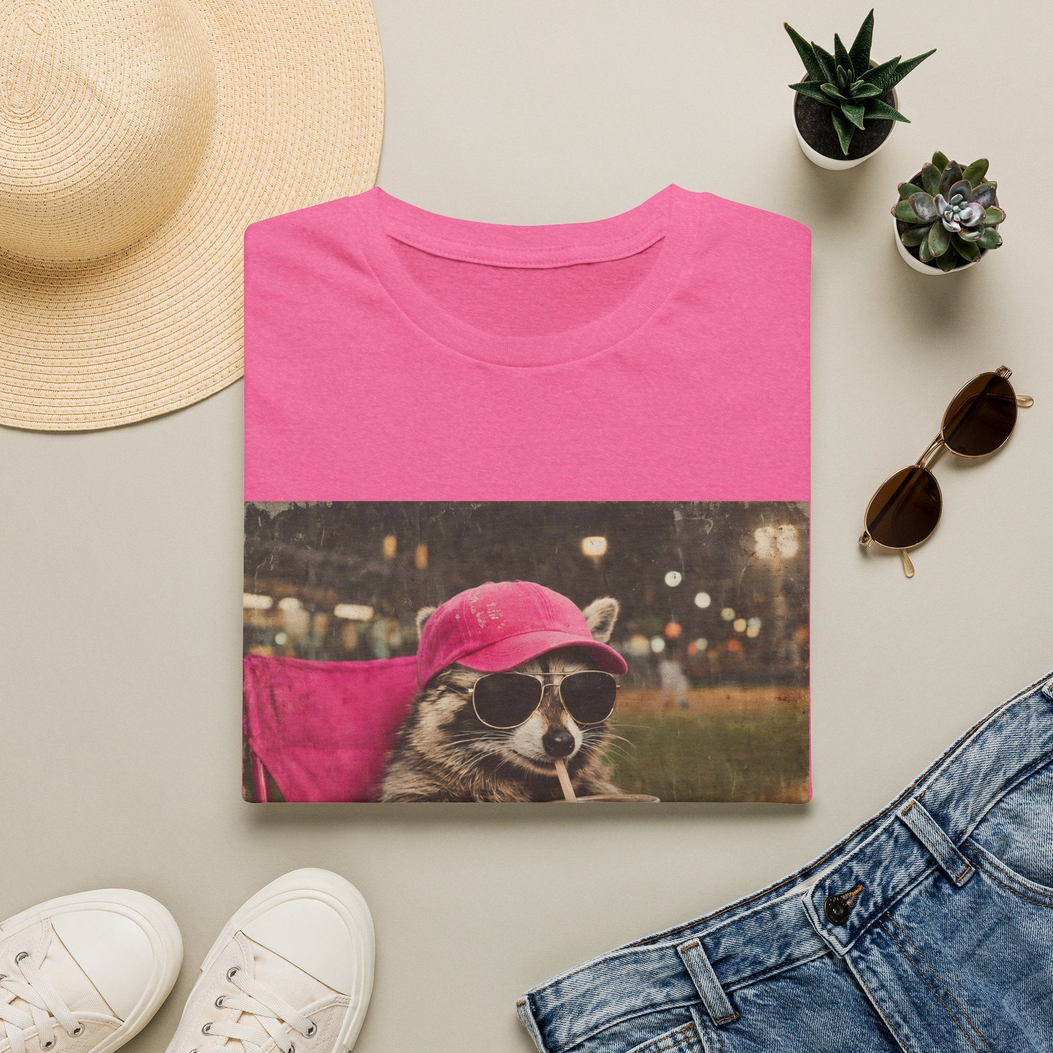 Raccoon Baseball/Softball Relaxing T-Shirt — 'Live Here Now' Retro Vacation Graphic Tee
