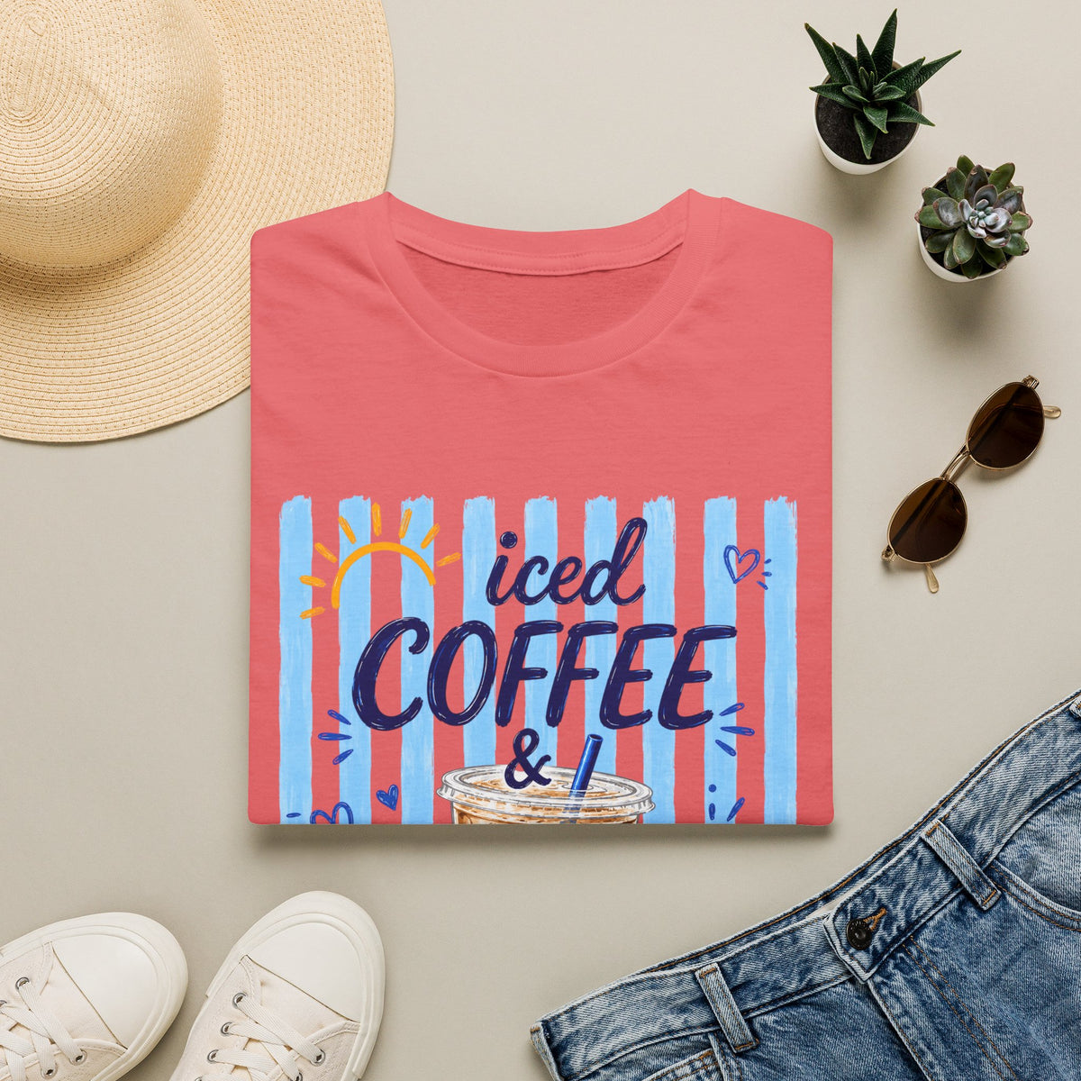 Iced Coffee & Sunshine T-Shirt — Cute Blue Striped Summer Tee