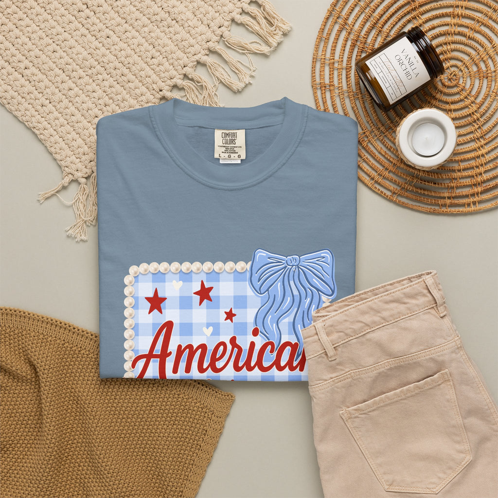 American Honey T-Shirt — Patriotic Gingham Graphic Tee