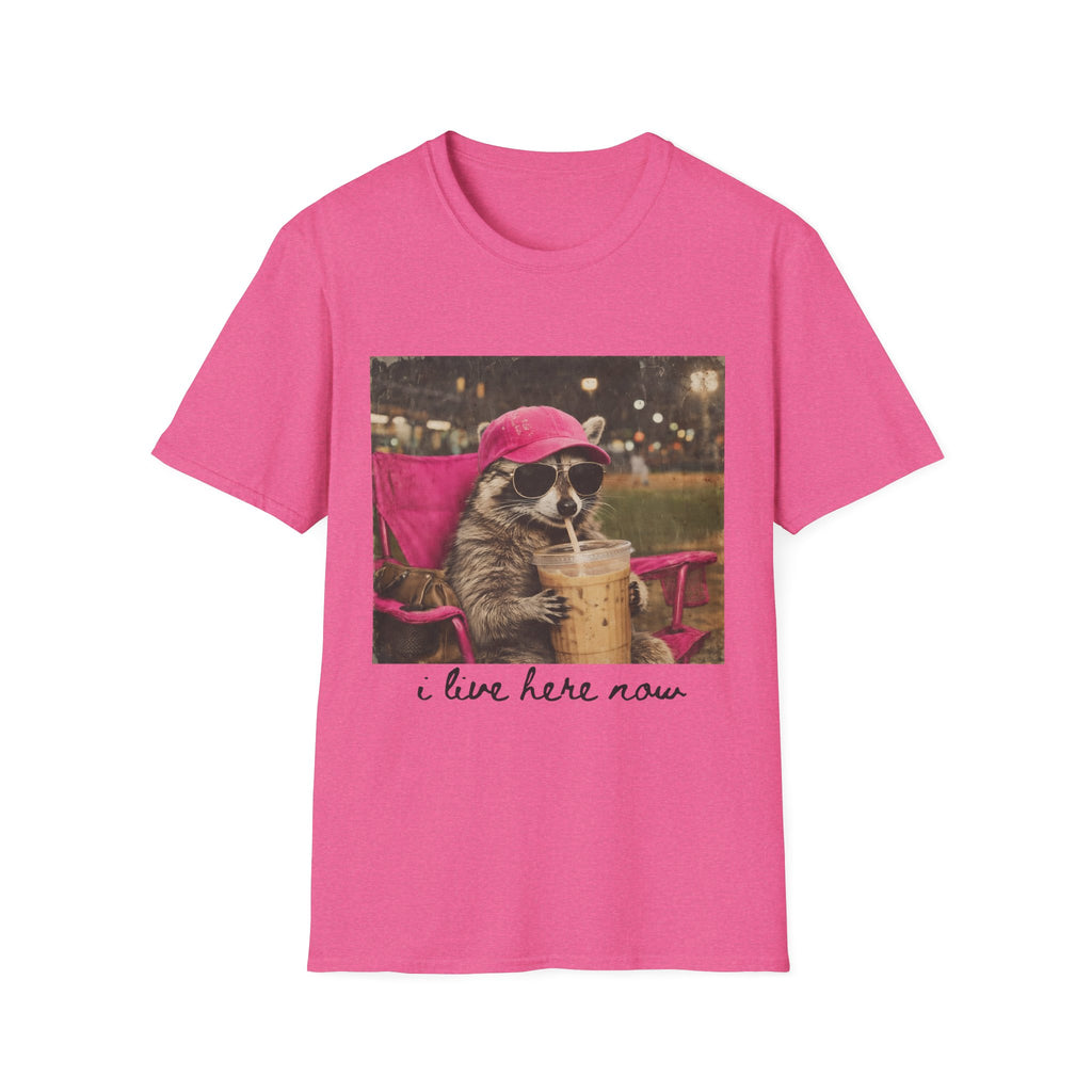 Raccoon Baseball/Softball Relaxing T-Shirt — 'Live Here Now' Retro Vacation Graphic Tee