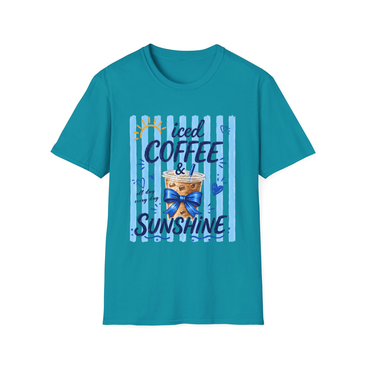 Iced Coffee & Sunshine T-Shirt — Cute Blue Striped Summer Tee