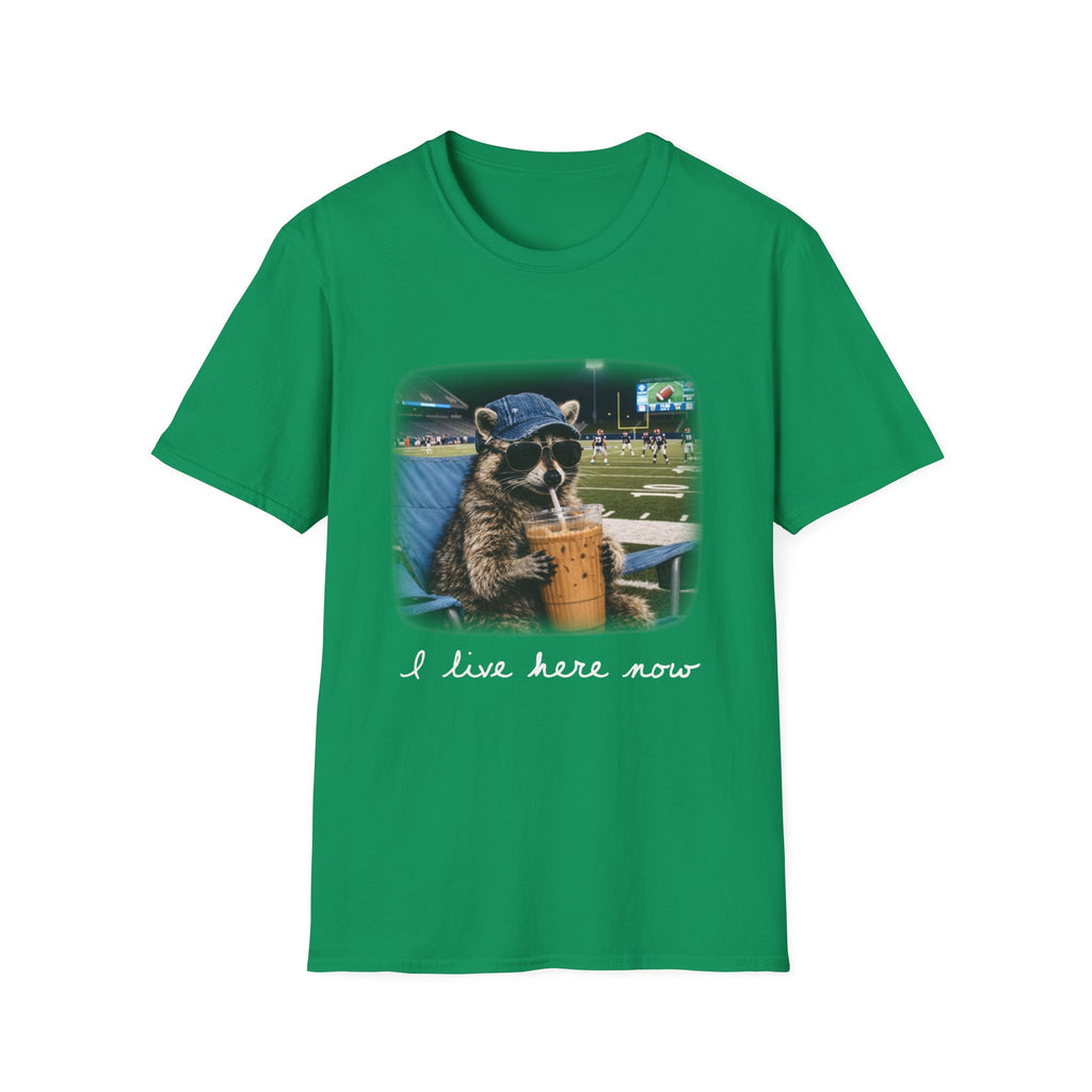 Raccoon Football Stadium Tee – "I Live Here Now" Graphic T-Shirt