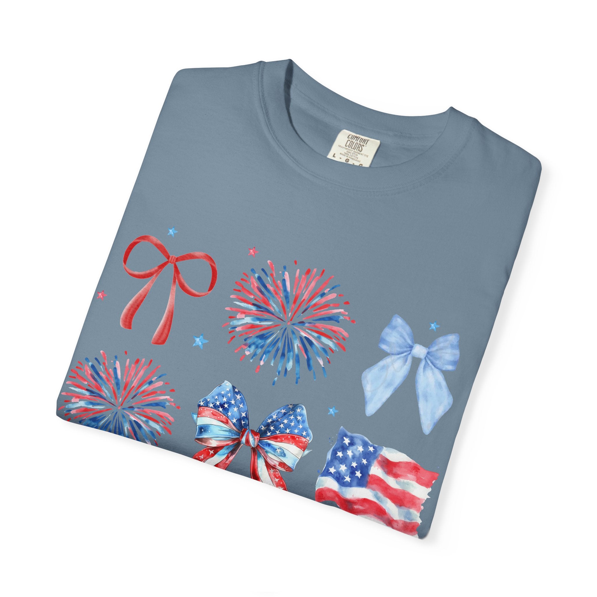Patriotic Bows & Fireworks T-Shirt — American Flag Fourth of July Tee