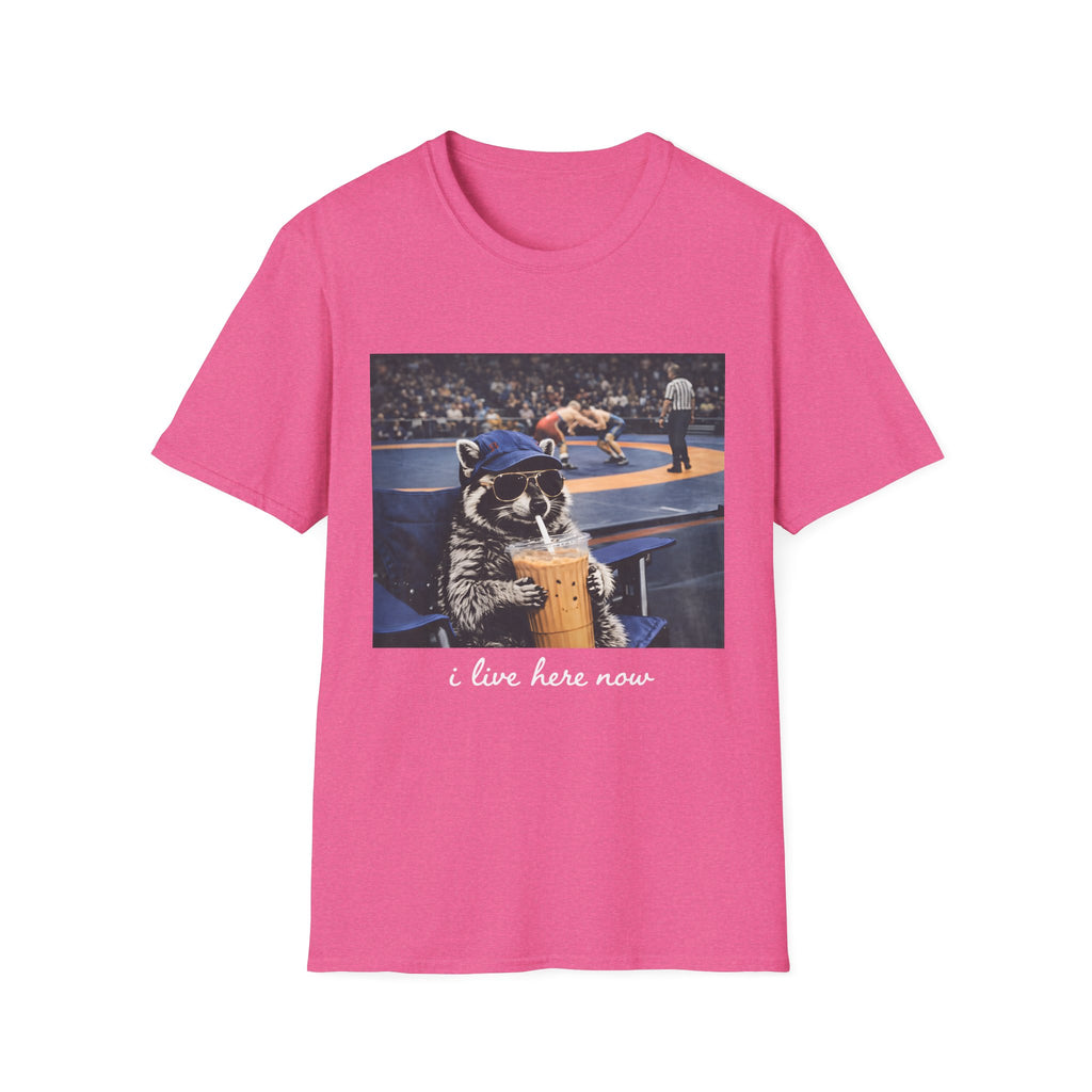 Wrestling Raccoon T‑Shirt — 'I Live Here Now' Funny Sports Tee