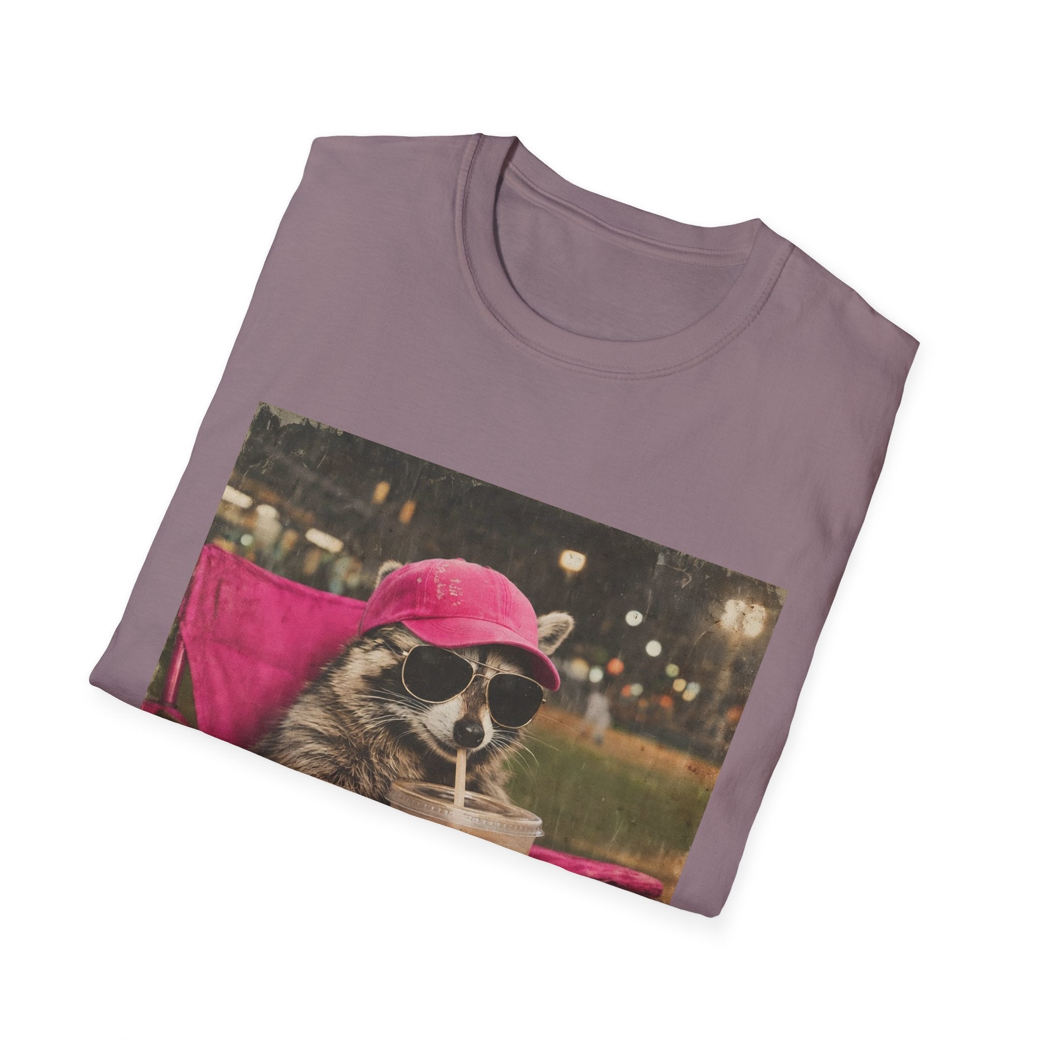 Raccoon Baseball/Softball Relaxing T-Shirt — 'Live Here Now' Retro Vacation Graphic Tee