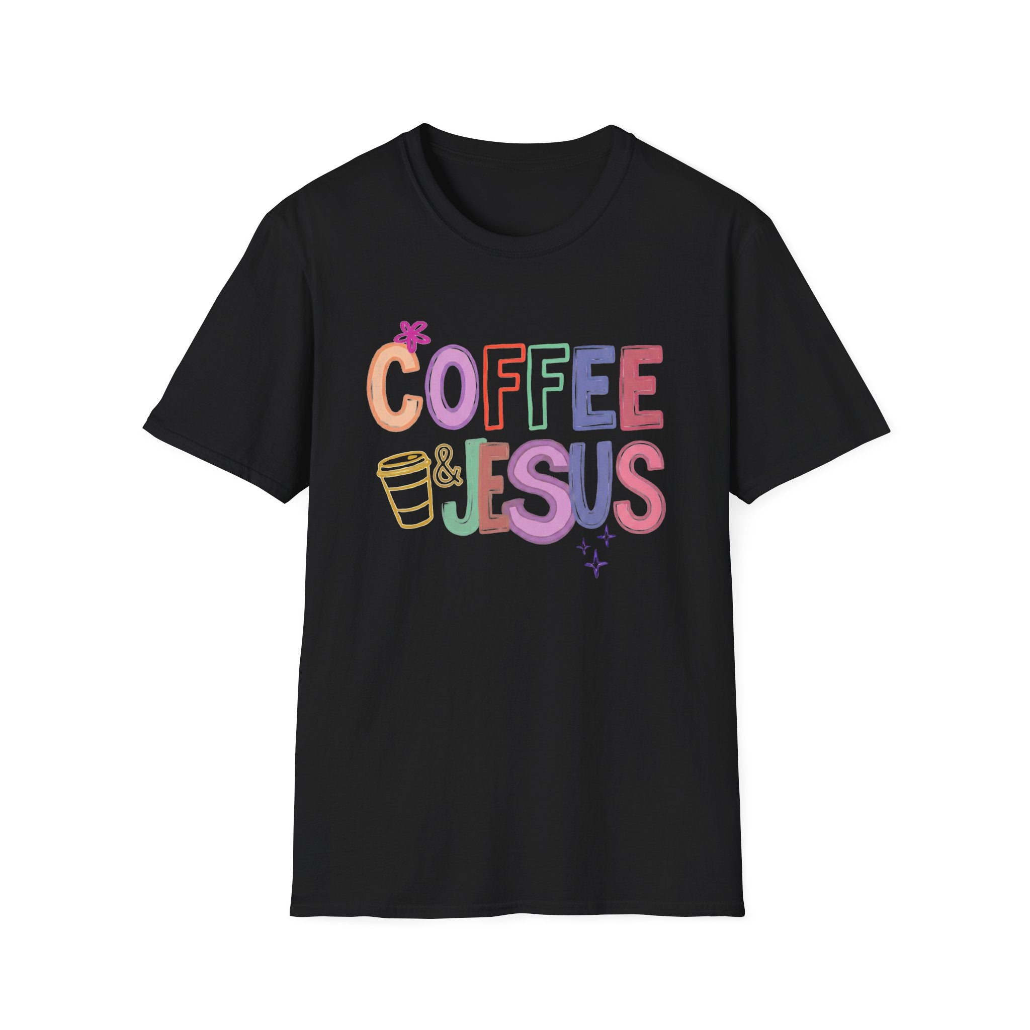 Coffee & Jesus T‑Shirt — Colorful Faith Graphic Tee for Women