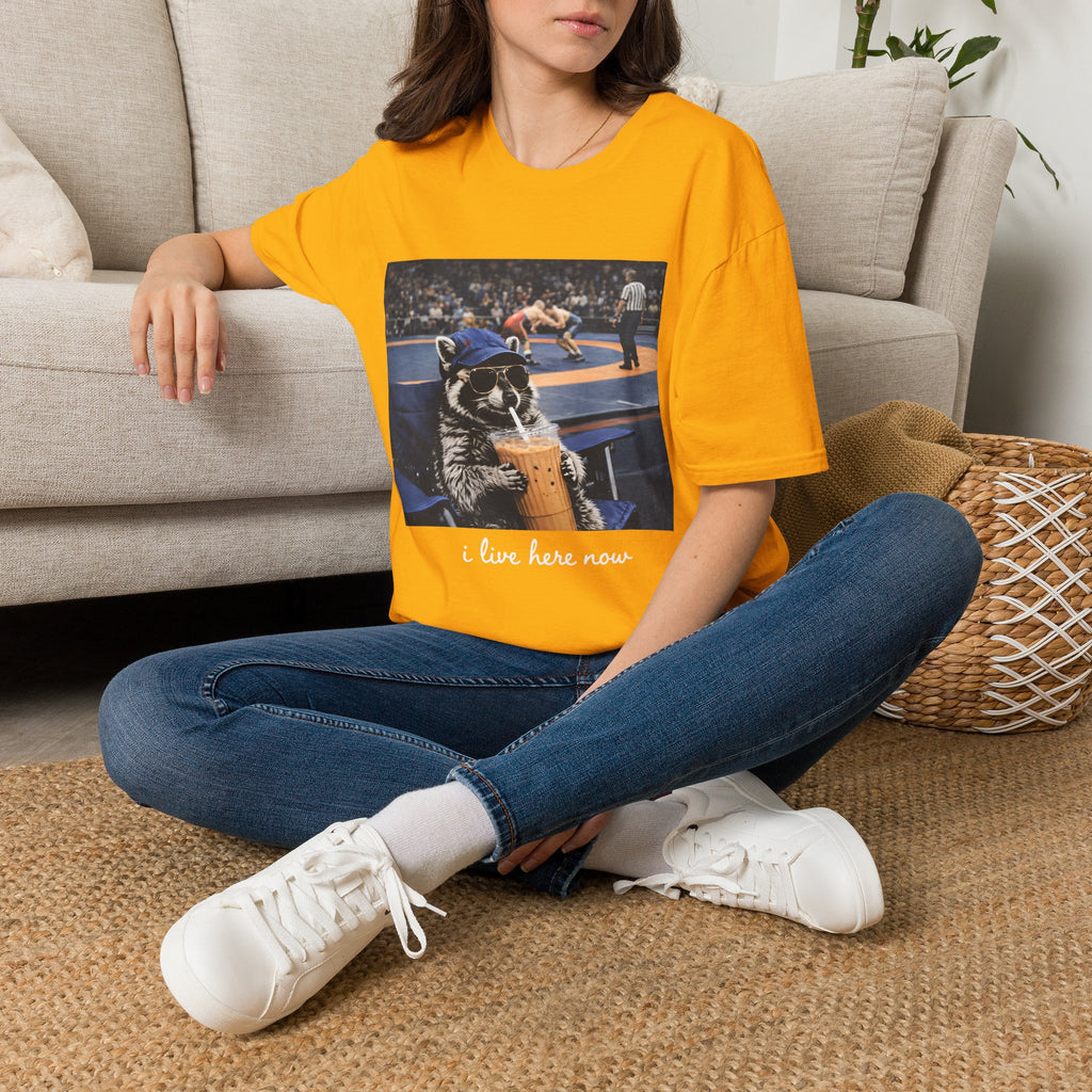Wrestling Raccoon T‑Shirt — 'I Live Here Now' Funny Sports Tee