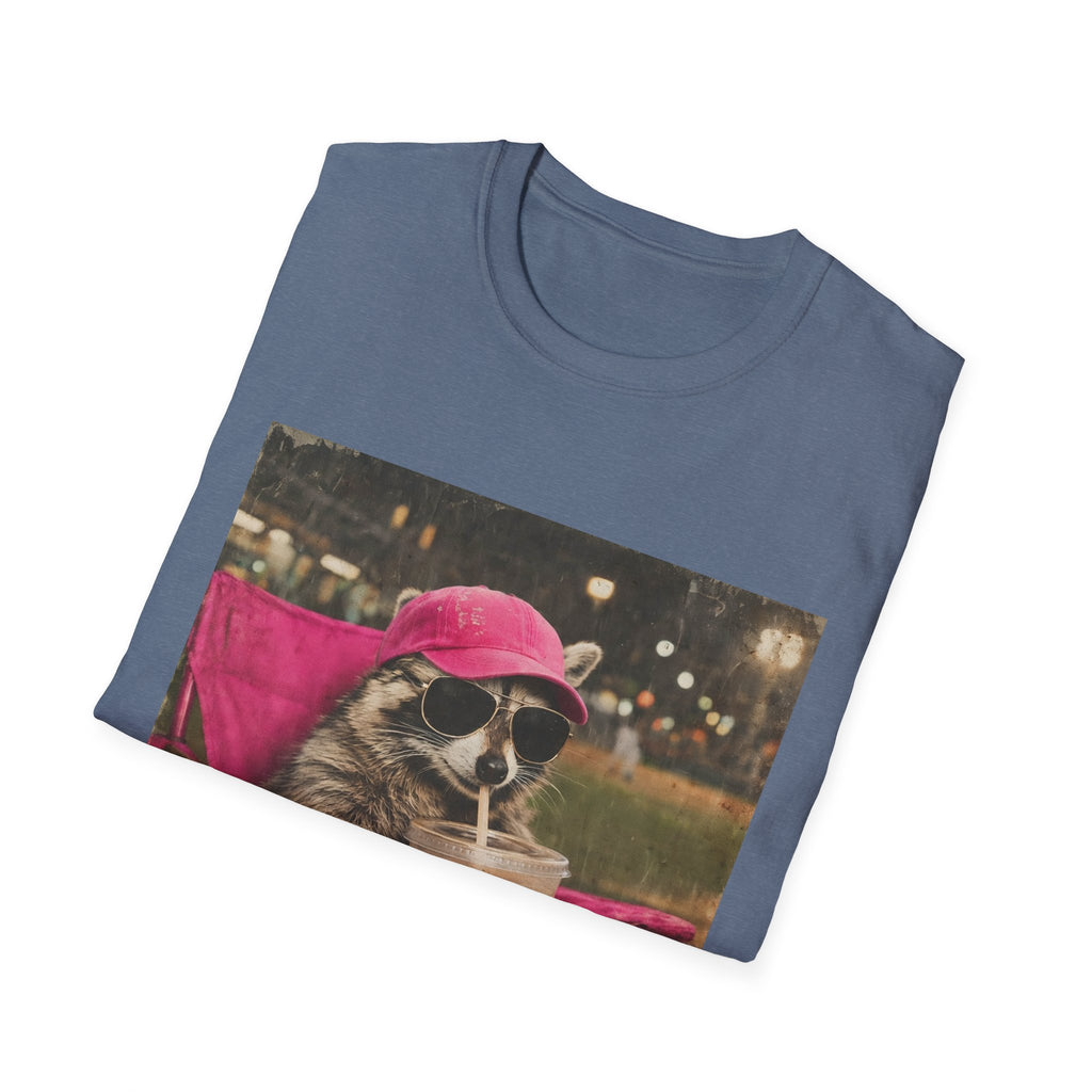 Raccoon Baseball/Softball Relaxing T-Shirt — 'Live Here Now' Retro Vacation Graphic Tee