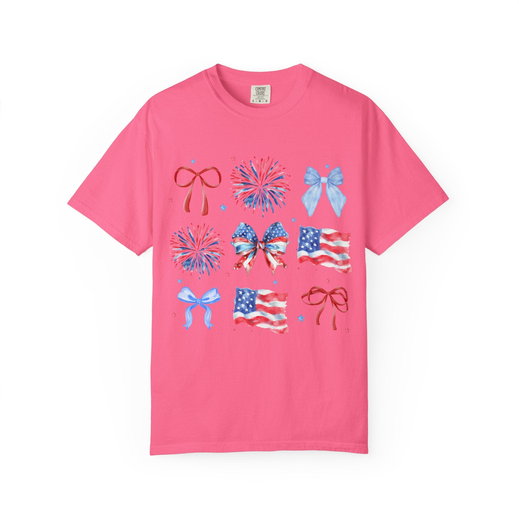 Patriotic Bows & Fireworks T-Shirt — American Flag Fourth of July Tee
