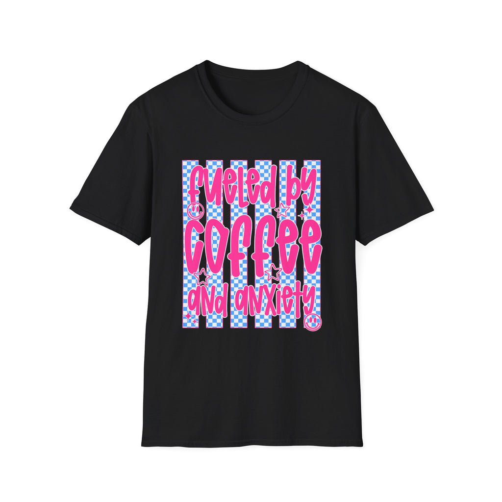 Fueled By Coffee And Anxiety T-Shirt — Retro Pink & Blue Checker Graphic