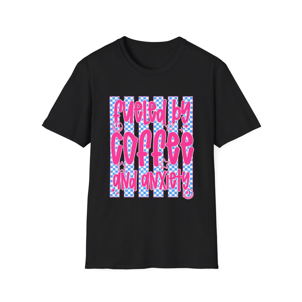 Fueled By Coffee And Anxiety T-Shirt — Retro Pink & Blue Checker Graphic