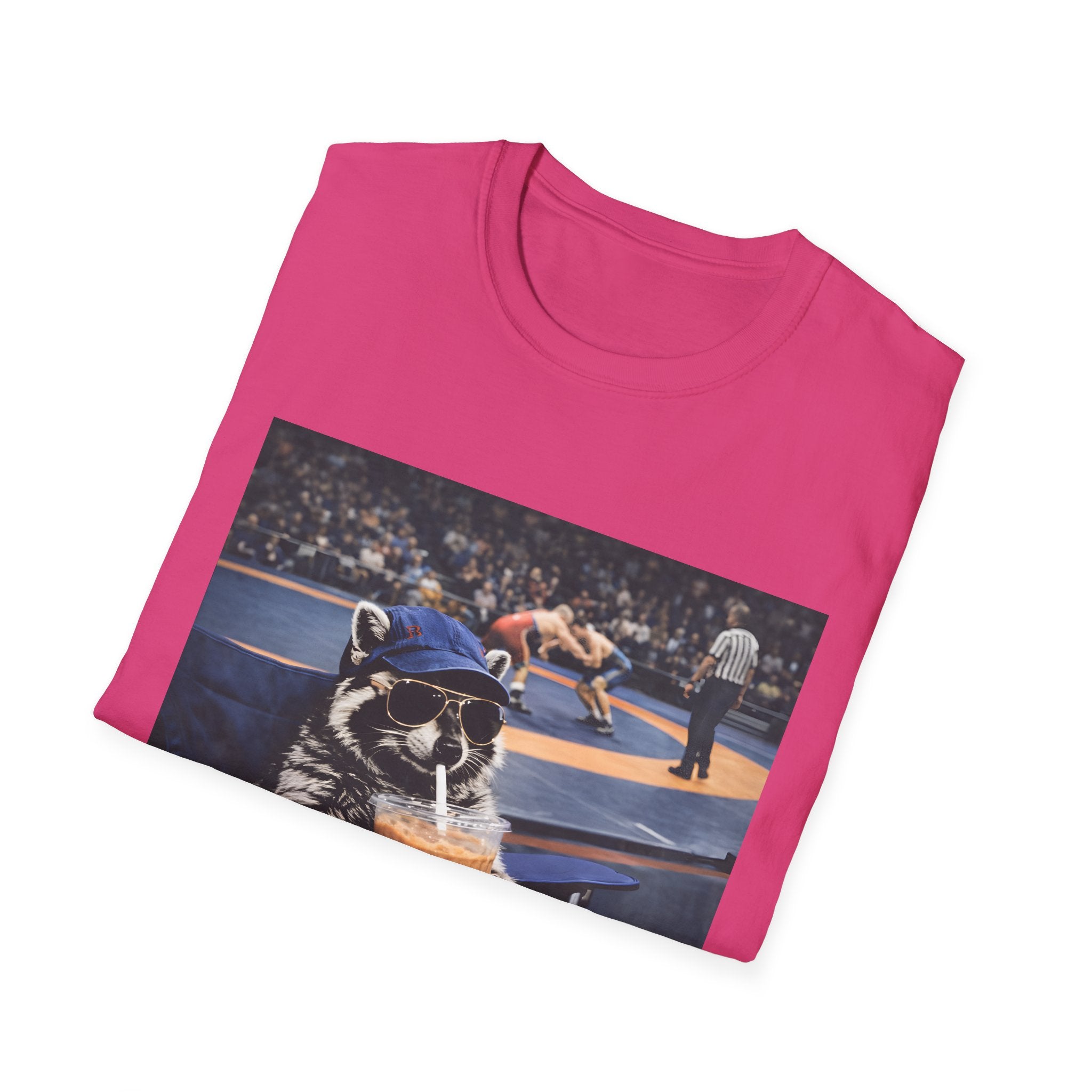 Wrestling Raccoon T‑Shirt — 'I Live Here Now' Funny Sports Tee