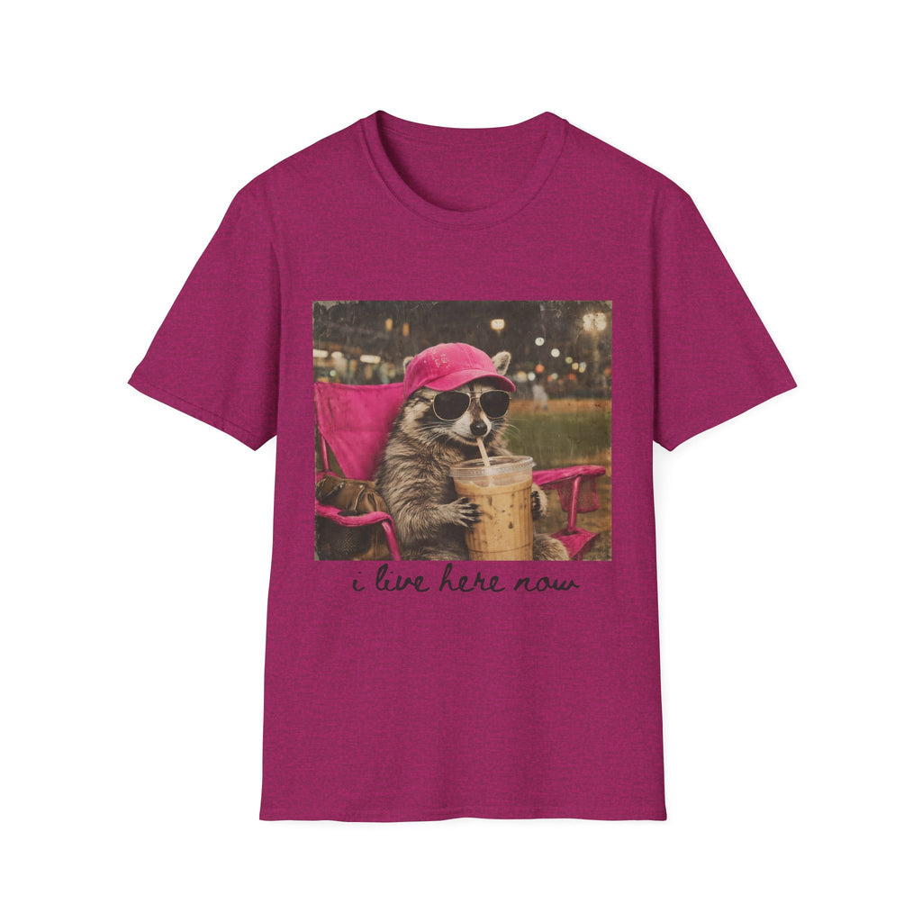 Raccoon Baseball/Softball Relaxing T-Shirt — 'Live Here Now' Retro Vacation Graphic Tee