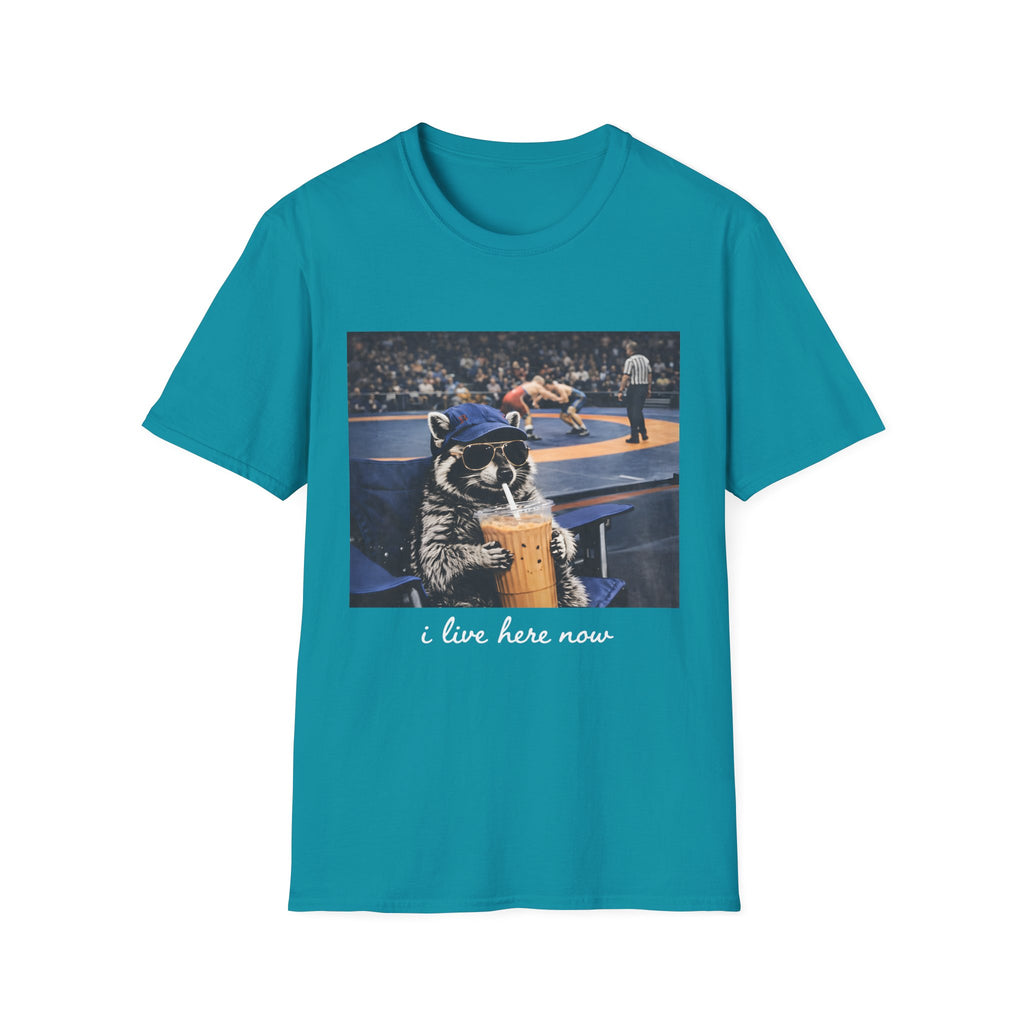 Wrestling Raccoon T‑Shirt — 'I Live Here Now' Funny Sports Tee