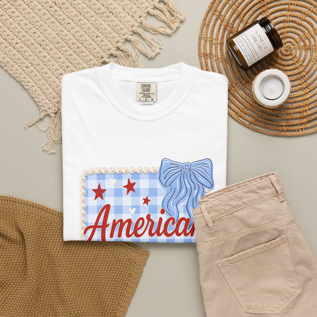 American Honey T-Shirt — Patriotic Gingham Graphic Tee