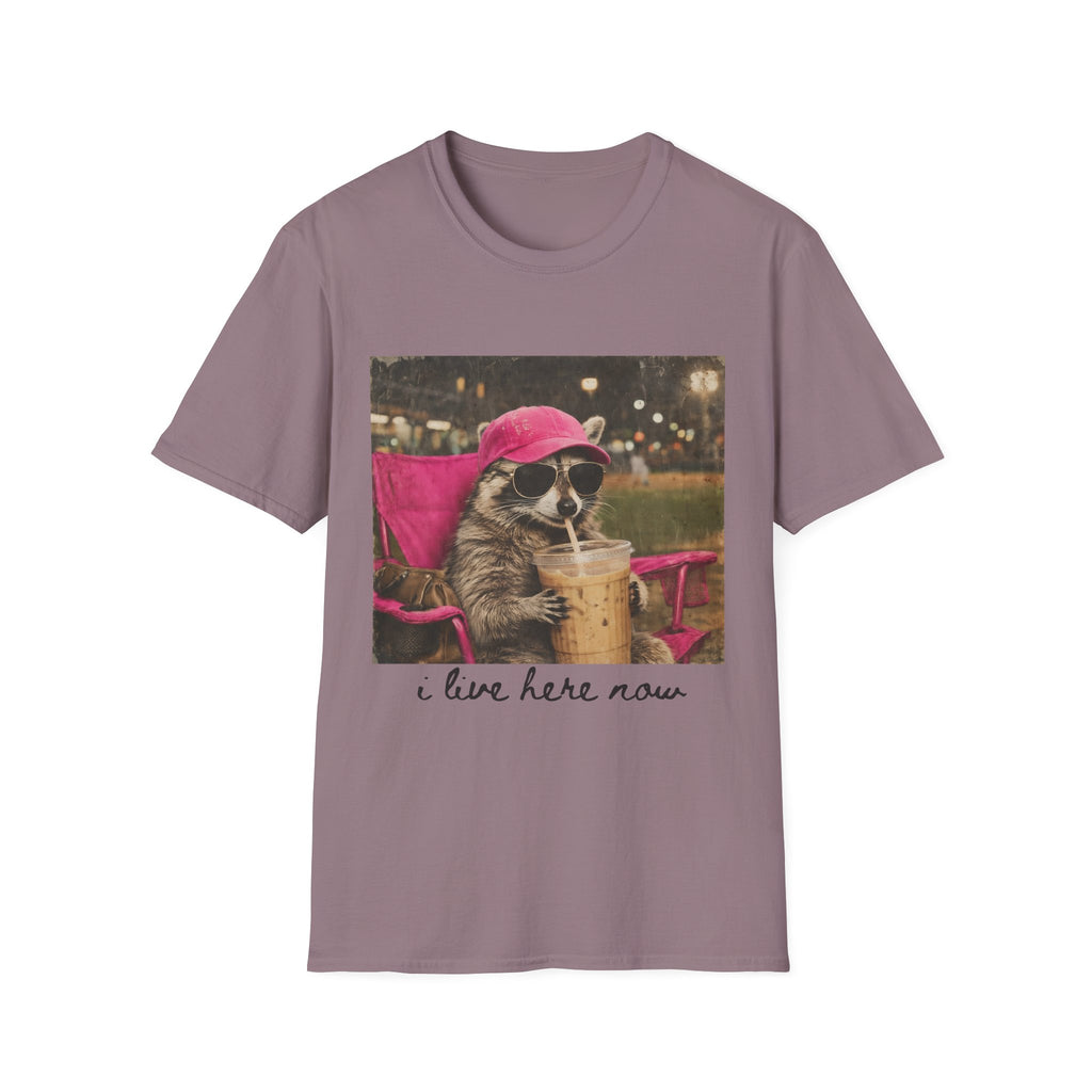 Raccoon Baseball/Softball Relaxing T-Shirt — 'Live Here Now' Retro Vacation Graphic Tee