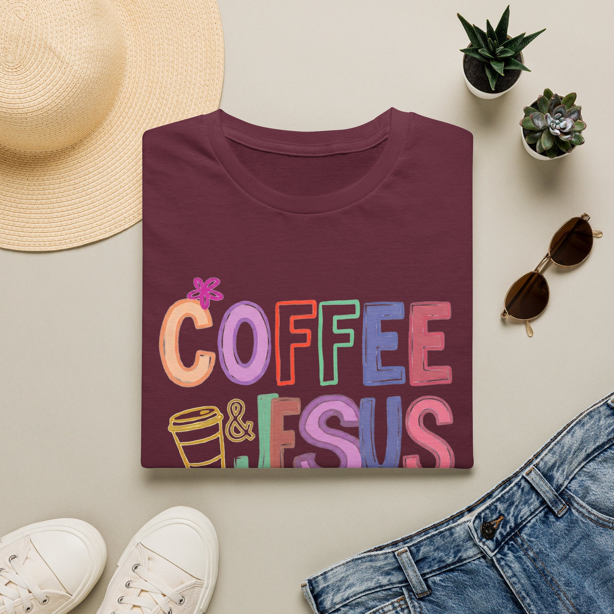 Coffee & Jesus T‑Shirt — Colorful Faith Graphic Tee for Women