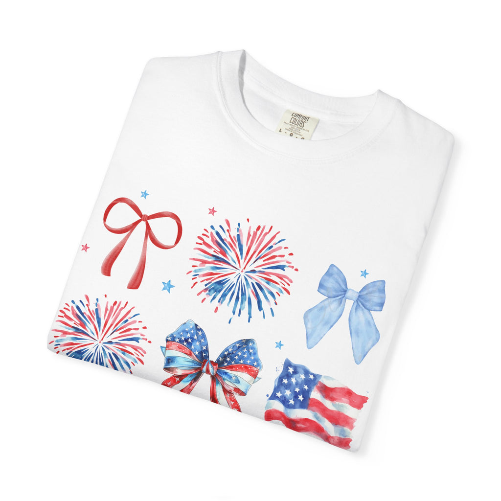 Patriotic Bows & Fireworks T-Shirt — American Flag Fourth of July Tee