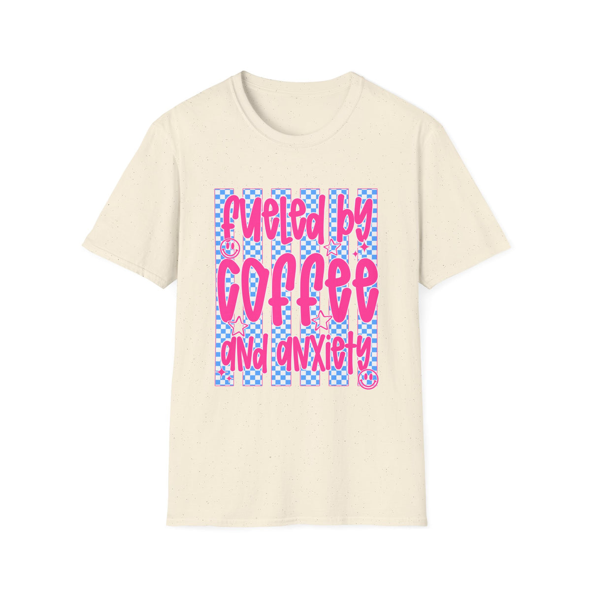 Fueled By Coffee And Anxiety T-Shirt — Retro Pink & Blue Checker Graphic