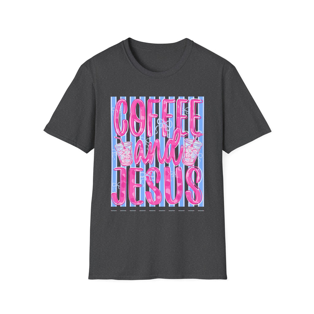 Coffee and Jesus T‑Shirt — Retro Pink & Blue Faith Graphic Tee