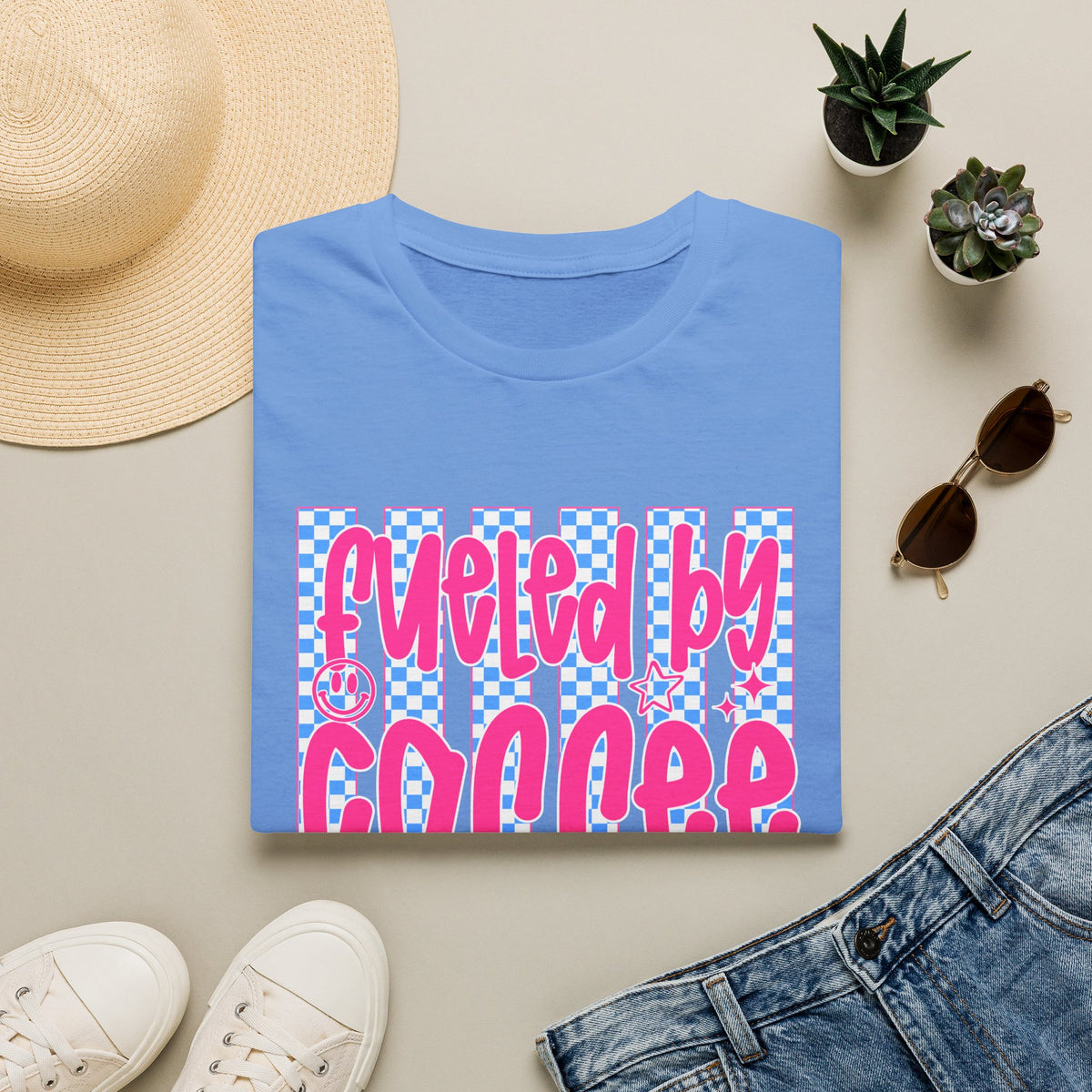 Fueled By Coffee And Anxiety T-Shirt — Retro Pink & Blue Checker Graphic