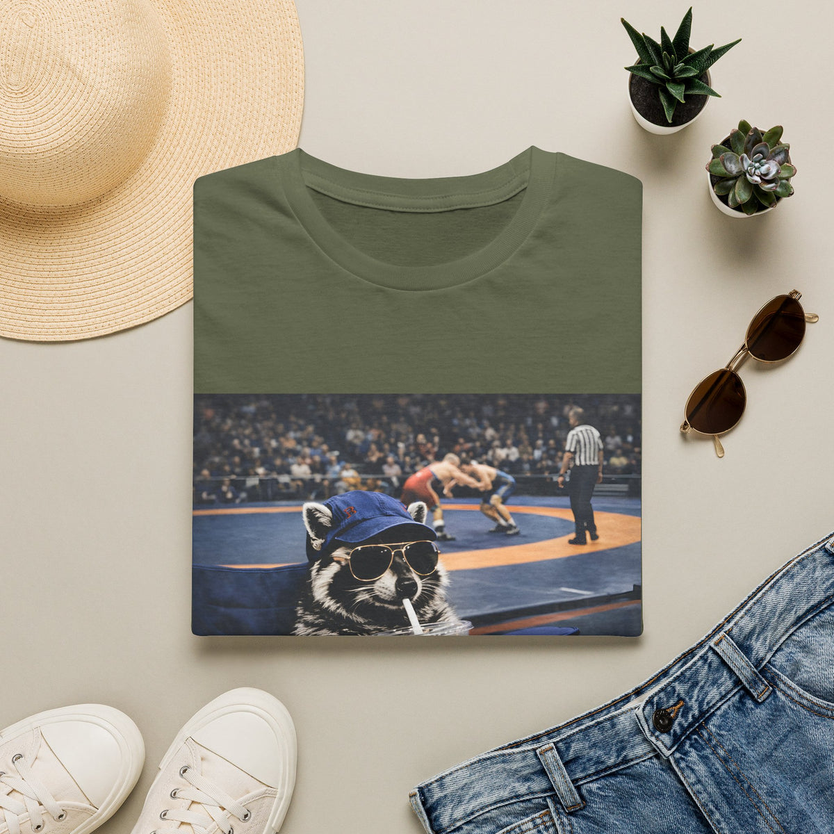Wrestling Raccoon T‑Shirt — 'I Live Here Now' Funny Sports Tee